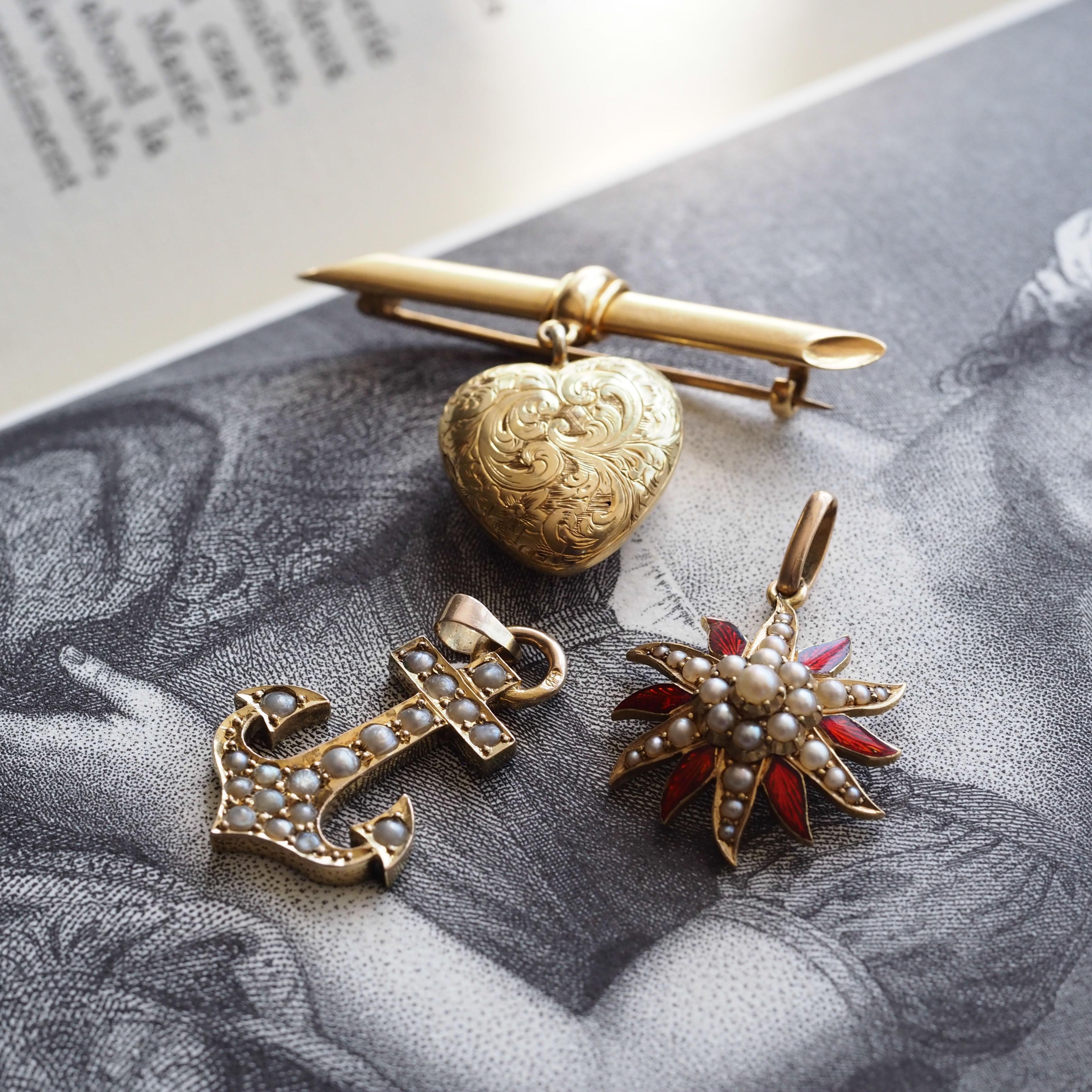 Antique Victorian Pearl Star Pendant Necklace with Red Enamel 15K Gold - c.1900 in vendita 10