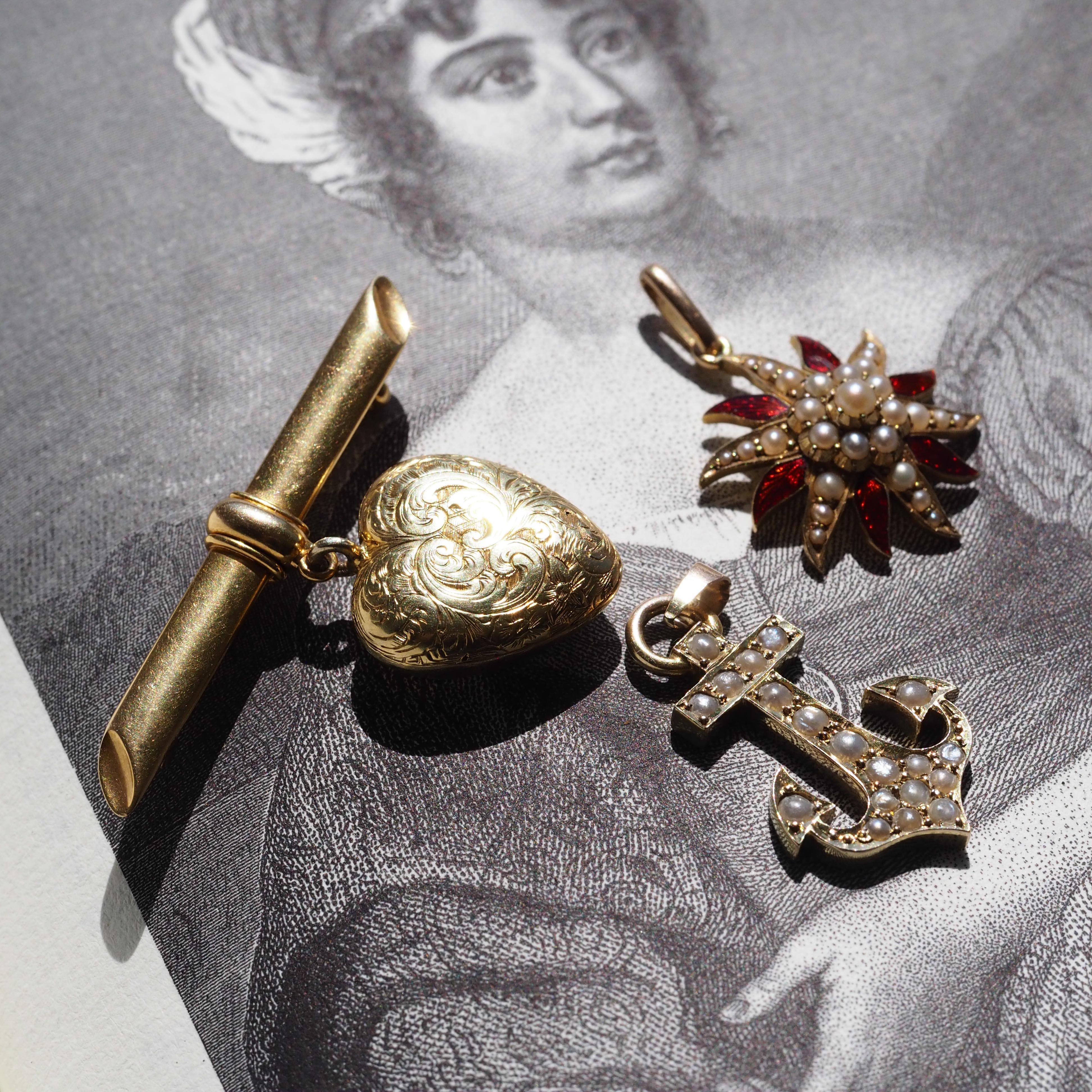 Antique Victorian Pearl Star Pendant Necklace with Red Enamel 15K Gold - c.1900 in vendita 11