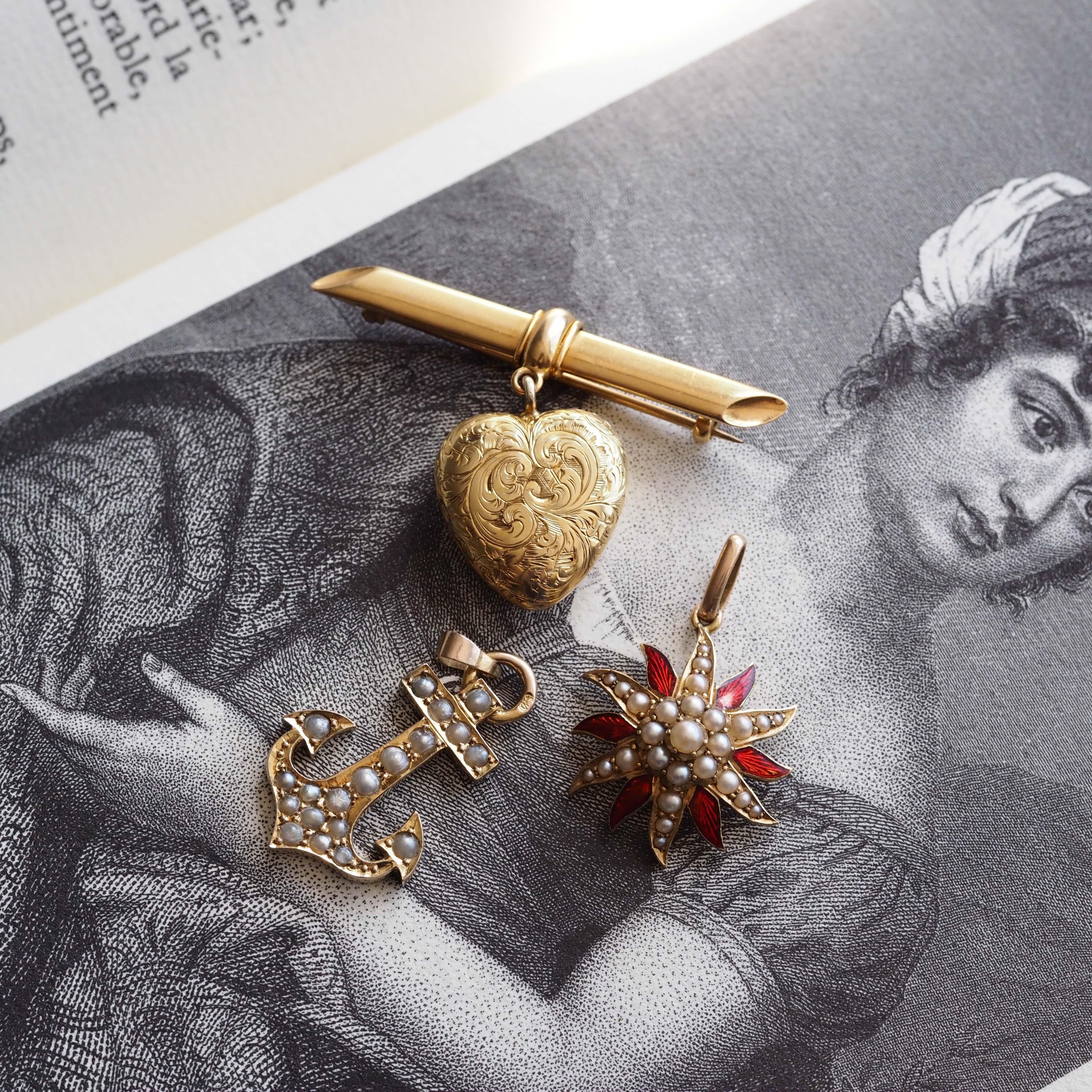 Antique Victorian Pearl Star Pendant Necklace with Red Enamel 15K Gold - c.1900 in vendita 12