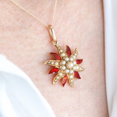 Antique Victorian Pearl Star Pendant Necklace with Red Enamel 15K Gold - c.1900