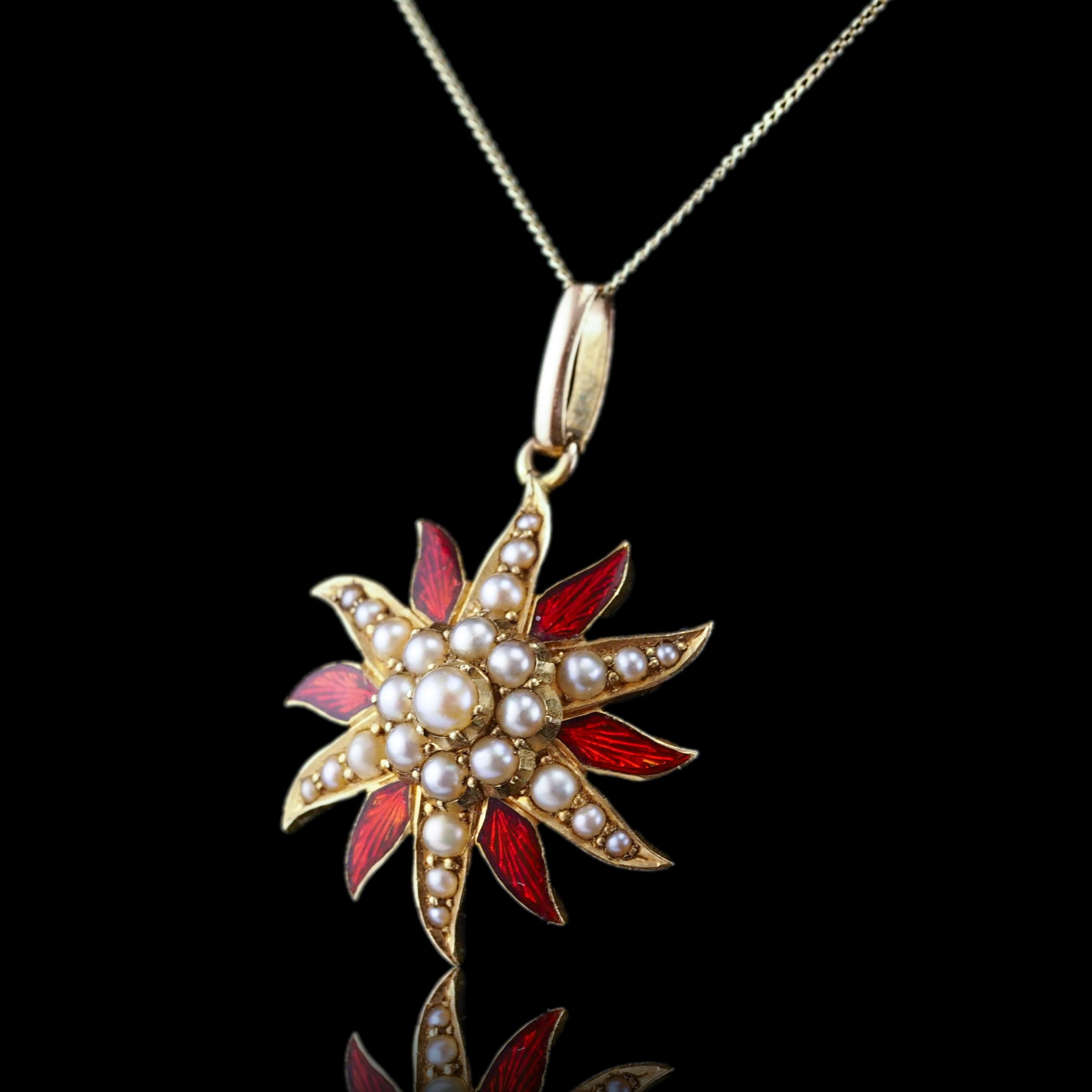 Vittoriano Antique Victorian Pearl Star Pendant Necklace with Red Enamel 15K Gold - c.1900 in vendita