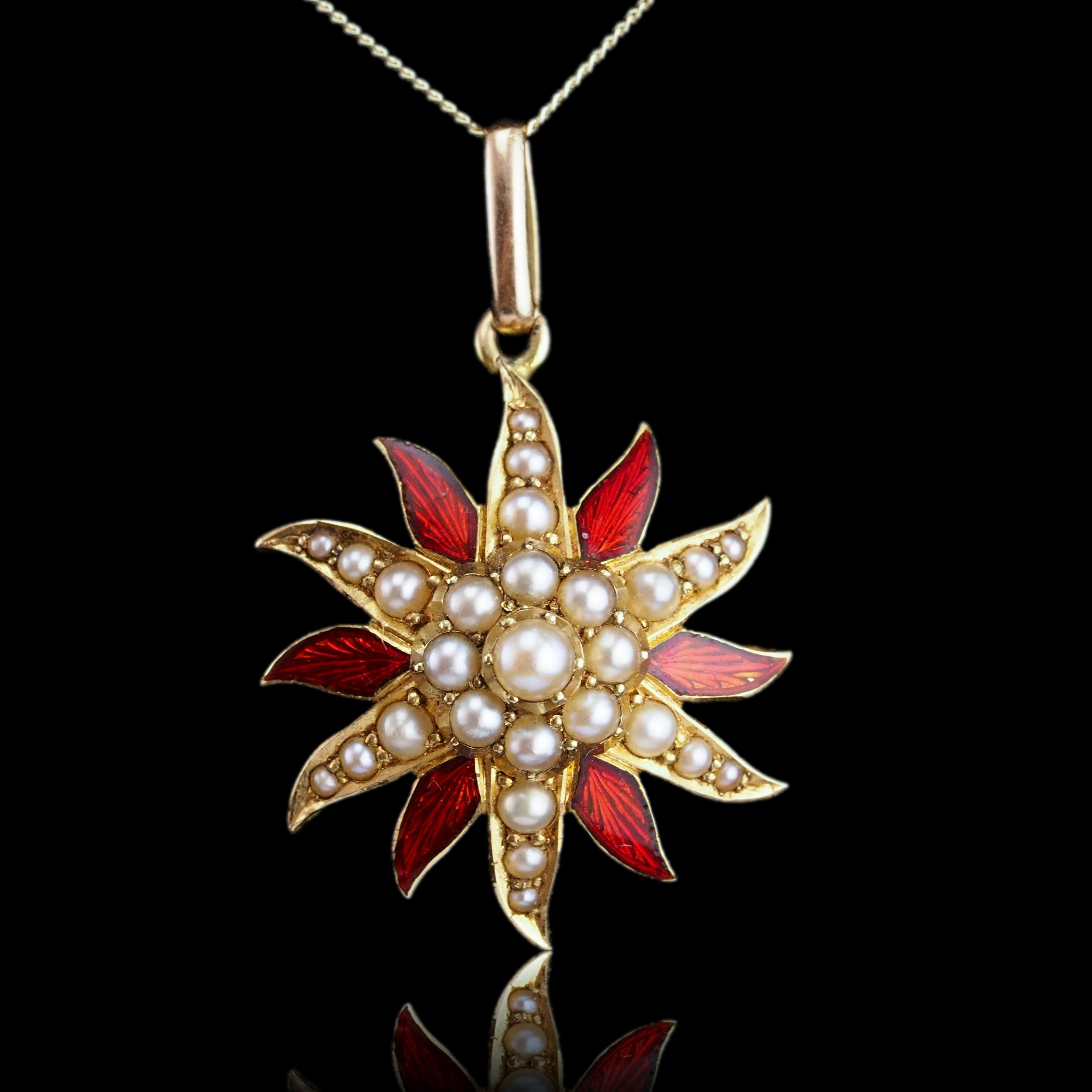 Donna Antique Victorian Pearl Star Pendant Necklace with Red Enamel 15K Gold - c.1900 in vendita