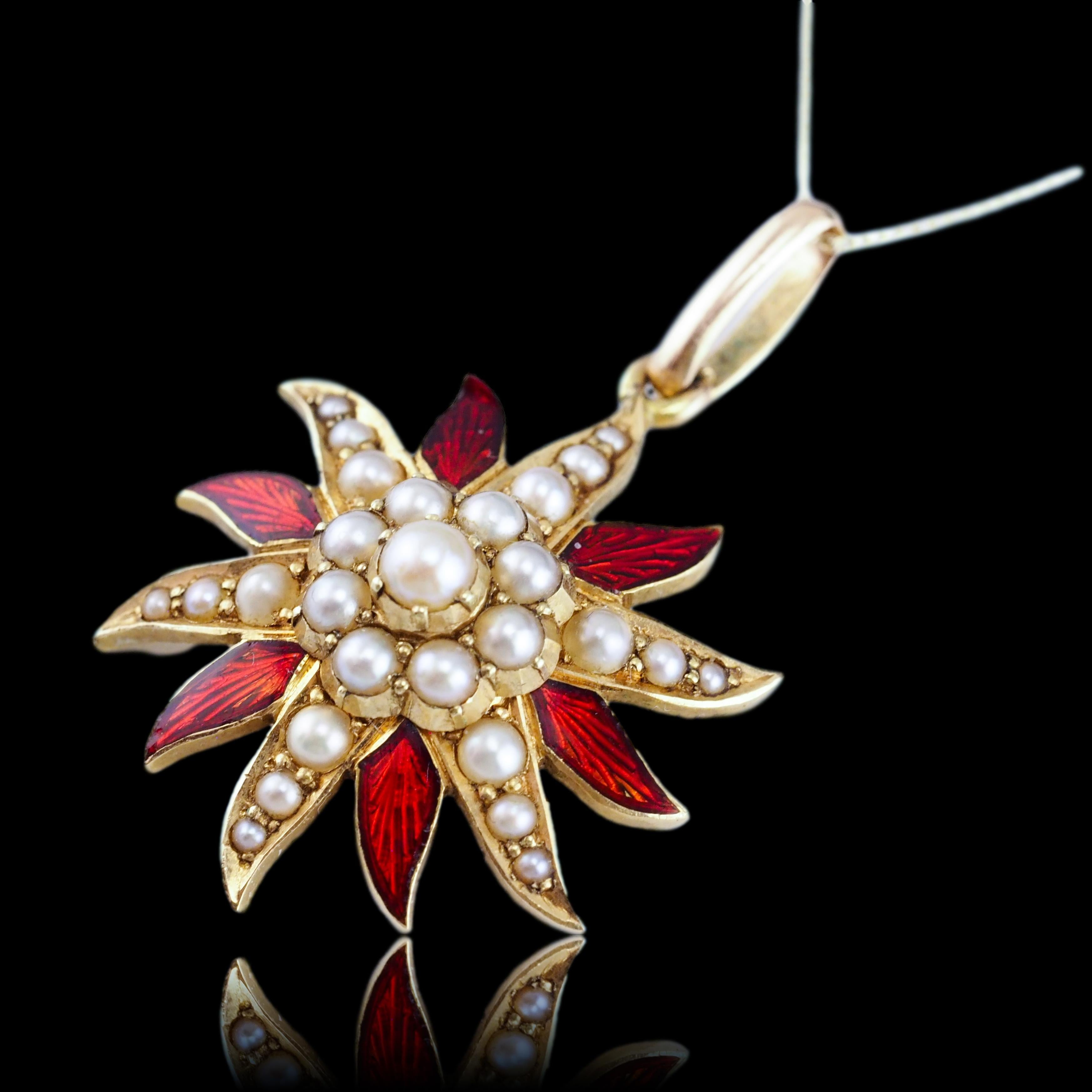 Antique Victorian Pearl Star Pendant Necklace with Red Enamel 15K Gold - c.1900 in vendita 2