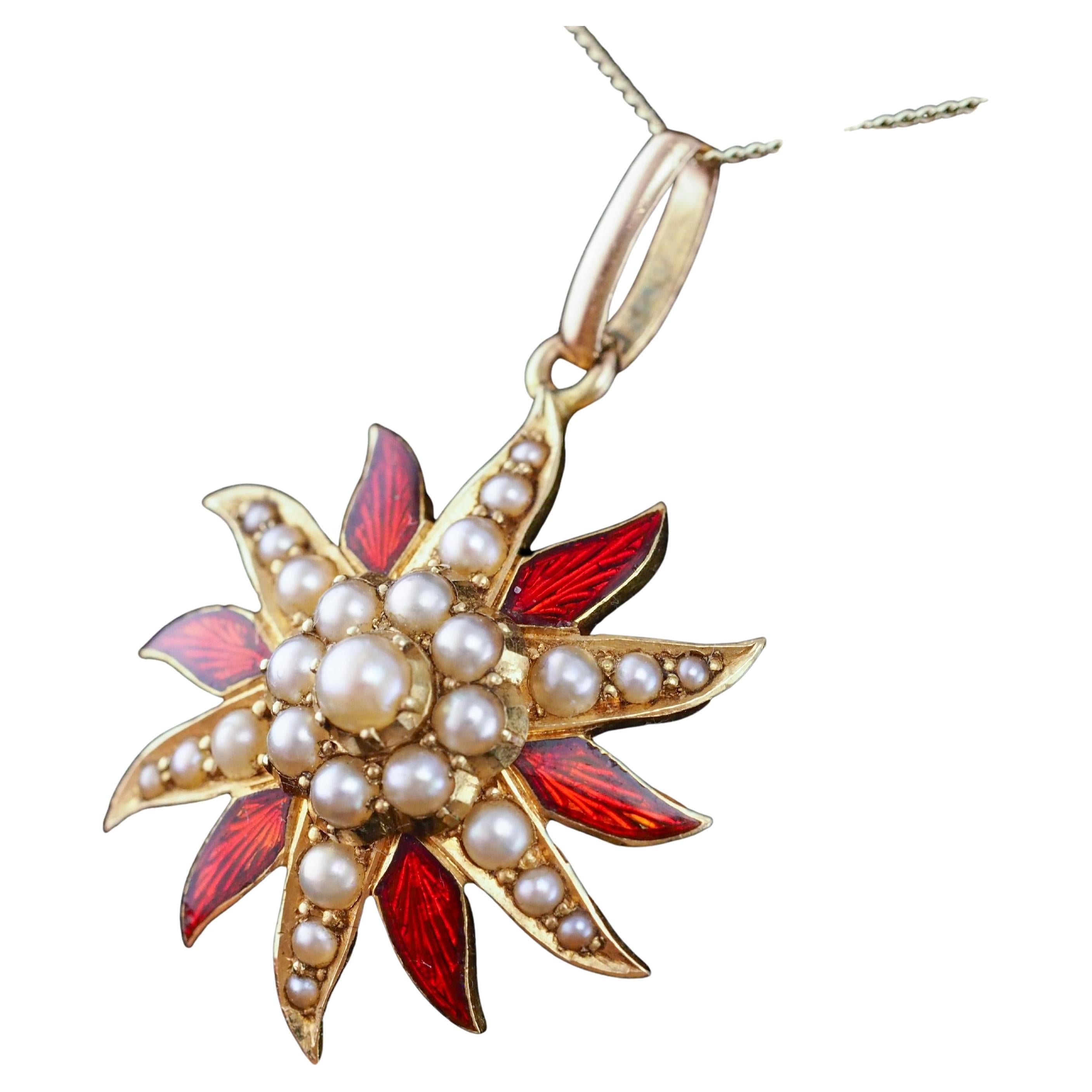 Antique Victorian Pearl Star Pendant Necklace with Red Enamel 15K Gold - c.1900