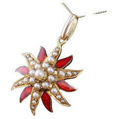 Antique Victorian Pearl Star Pendant Necklace with Red Enamel 15K Gold - c.1900