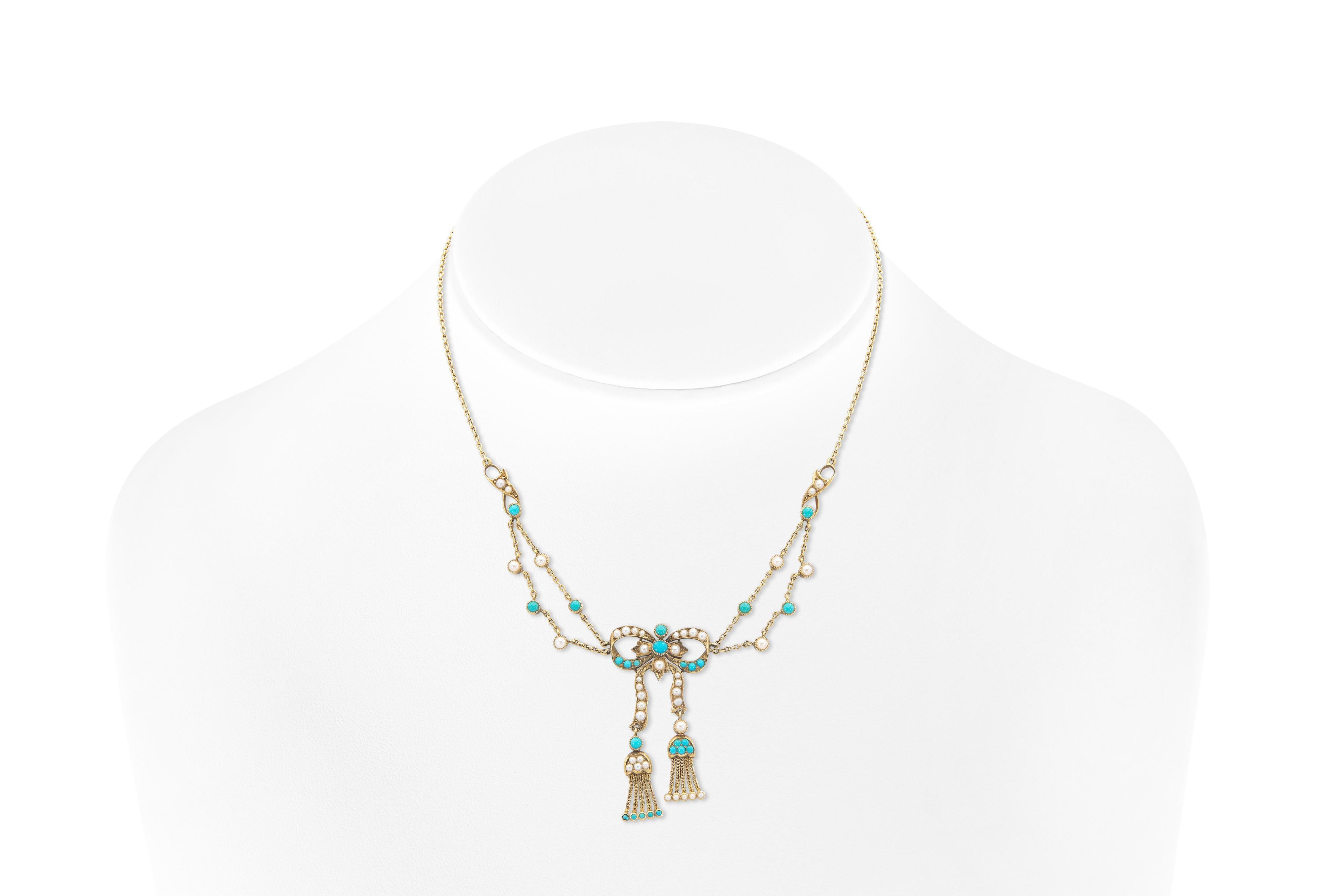 Antike viktorianische Perle & Türkis Schleife Halskette (Viktorianisch) im Angebot