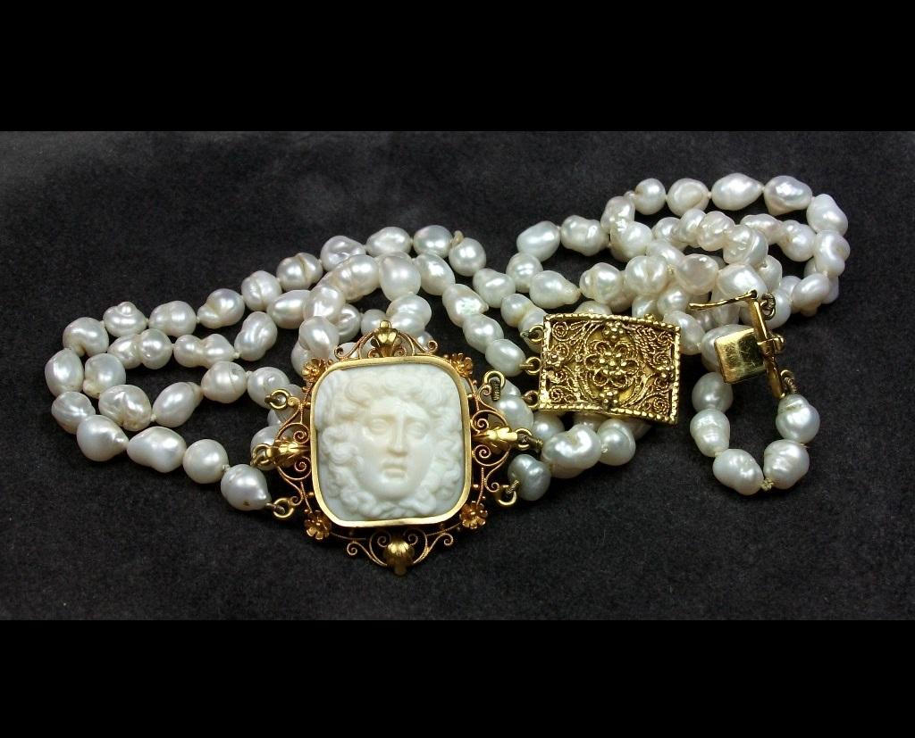 Bead Antique Victorian Pearls Medusa Cameo Necklace Chocker For Sale