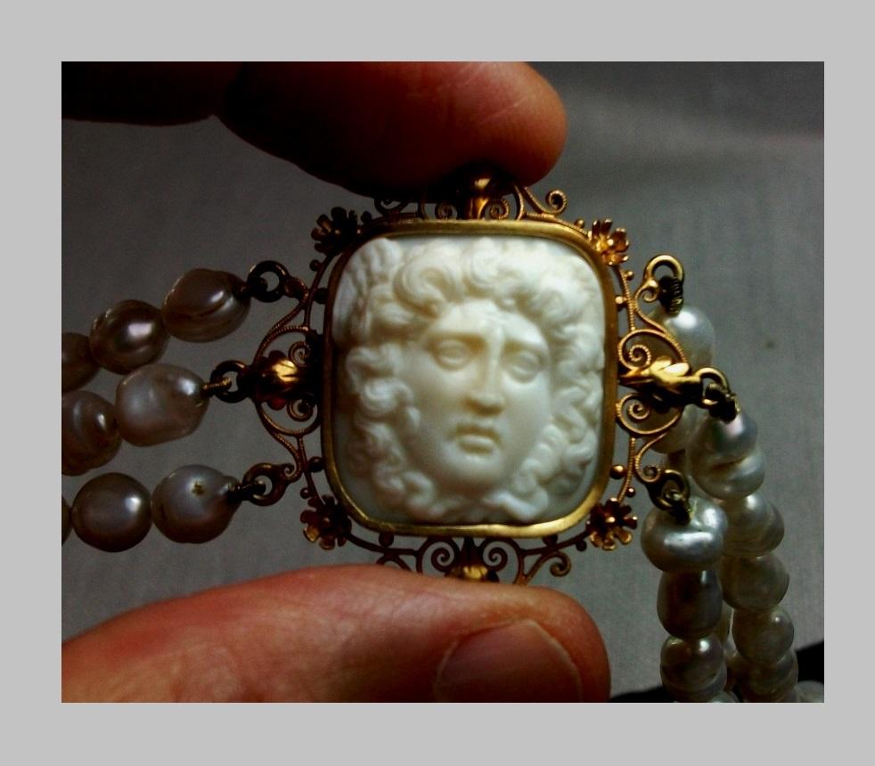 Women's or Men's Antique Victorian Pearls Medusa Cameo Necklace Chocker For Sale