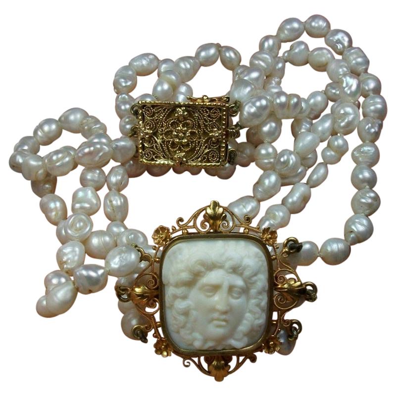 Antique Victorian Pearls Medusa Cameo Necklace Chocker For Sale