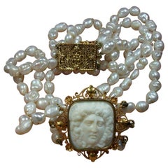 Antique Victorian Pearls Medusa Cameo Necklace Chocker