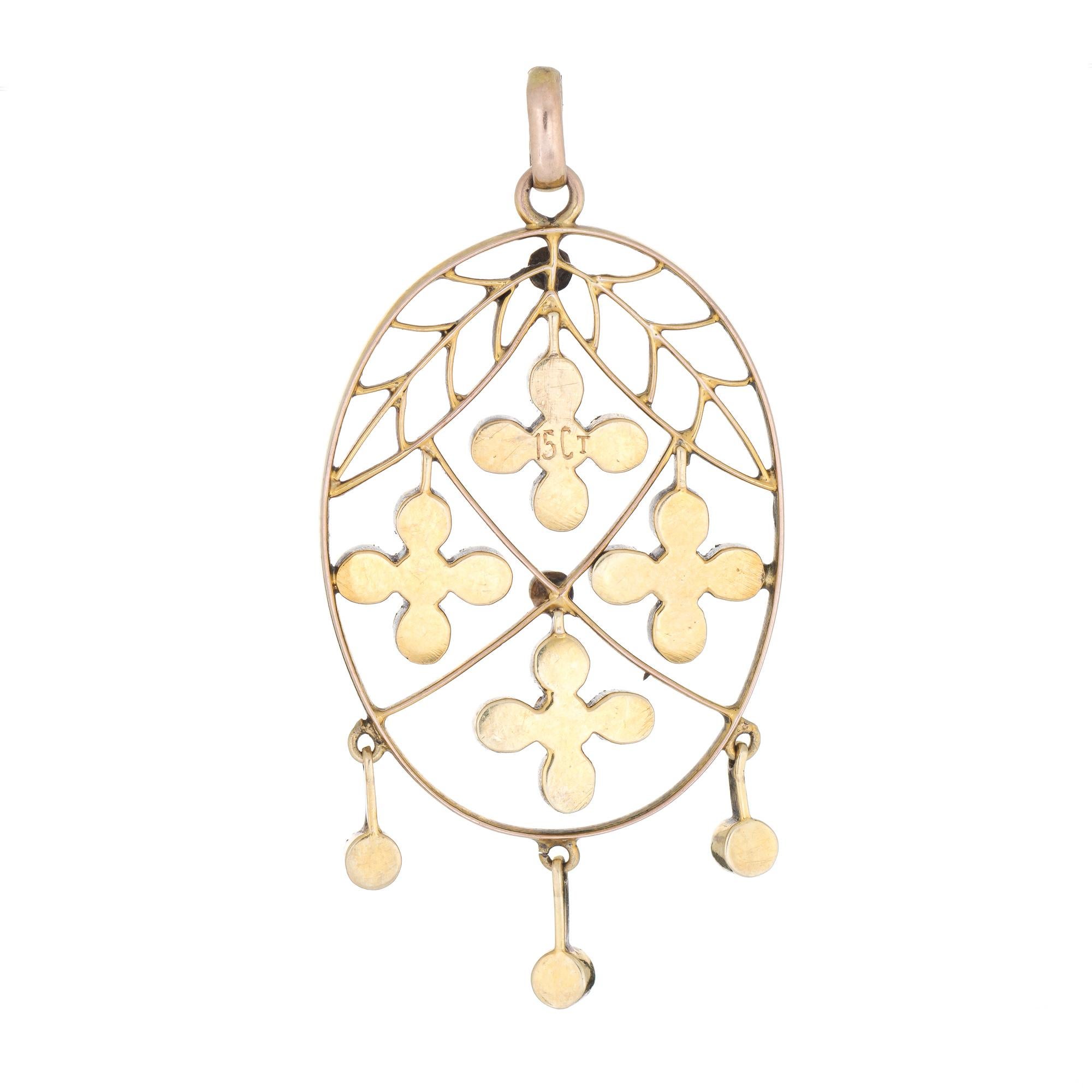 Elegant and finely detailed antique Victorian pendant (circa 1880s to 1900s), crafted in 15k yellow gold. 

Turquoise is set into the pendant and measures 2mm each. Seed pearls accent the turquoise and measure 1.5mm. Note: chip to one piece of