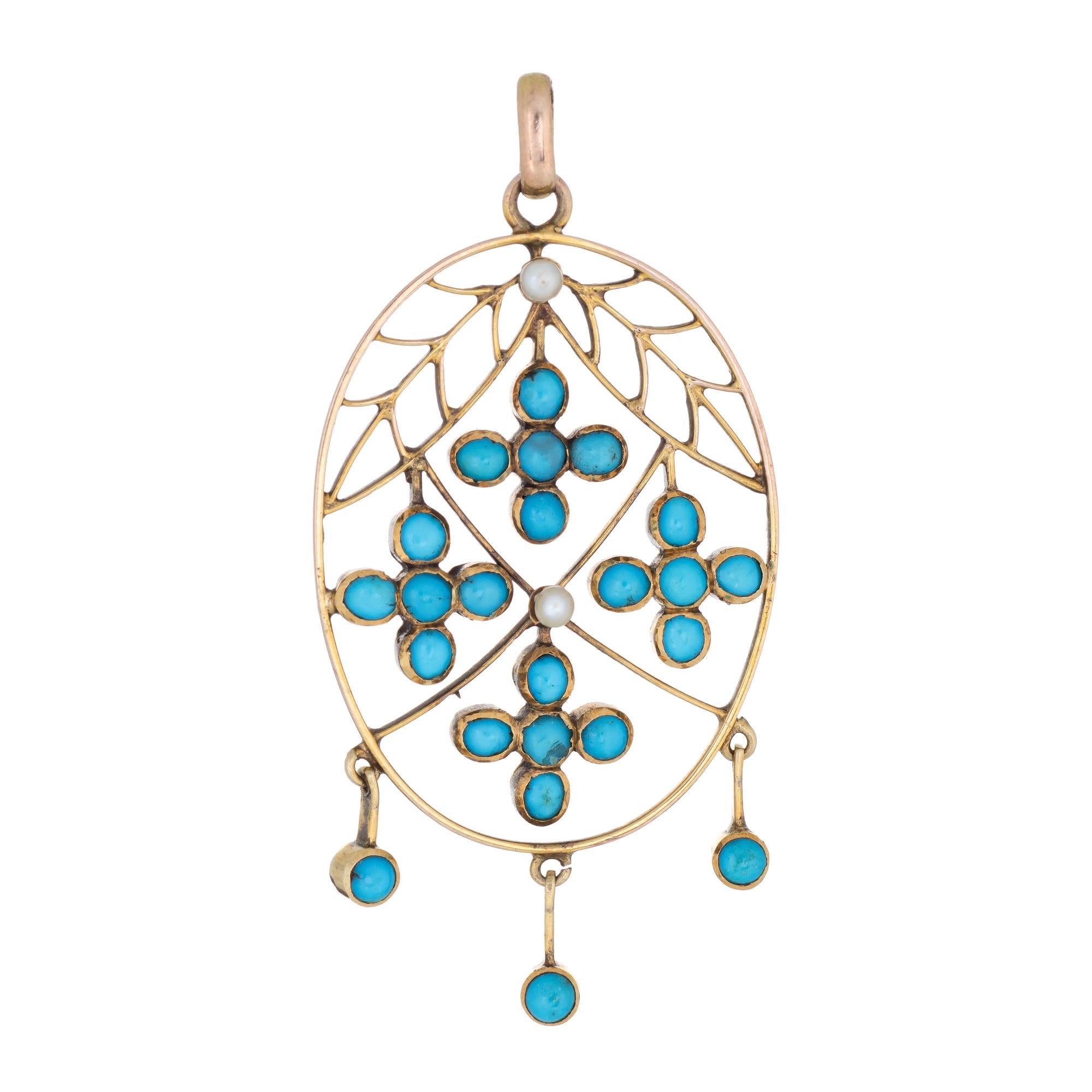 Round Cut Antique Victorian Pendant 15 Karat Yellow Gold Turquoise Seed Pearls Oval Fringe