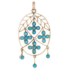 Antique Victorian Pendant 15 Karat Yellow Gold Turquoise Seed Pearls Oval Fringe