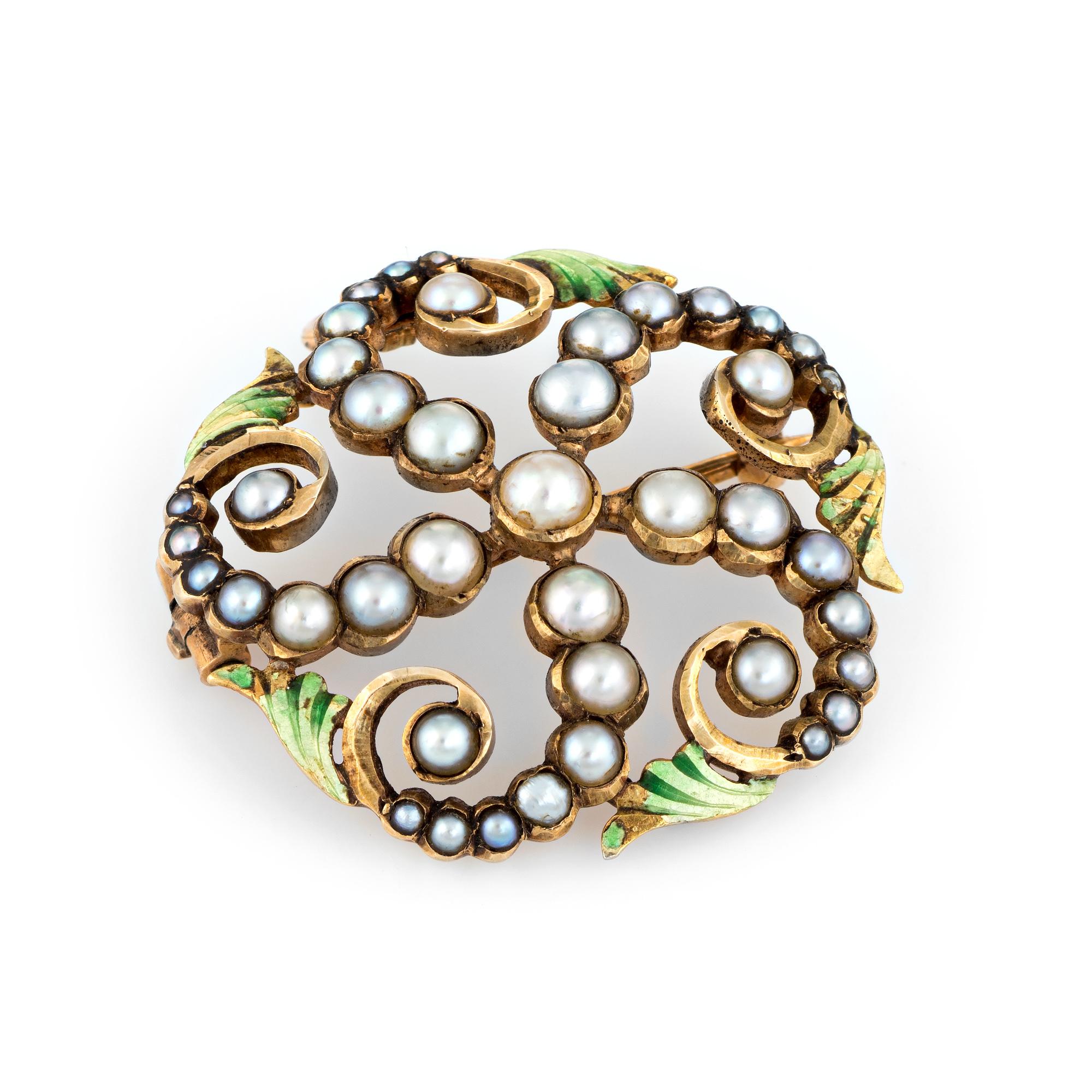Finely detailed antique Victorian circular pendant or brooch (circa 1880s to 1900s), crafted in 14 karat rose gold. 

Seed pearls ranging in size from 1mm to 2.5mm. The pearls appear to be original to the piece with some graduation in color evident.