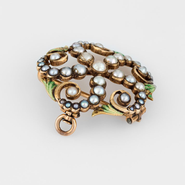 Women's Antique Victorian Pendant Brooch Seed Pearl Enamel Leaves 14 Karat Gold Vintage For Sale