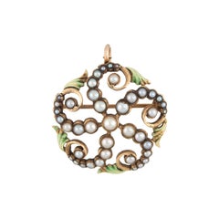 Antique Victorian Pendant Brooch Seed Pearl Enamel Leaves 14 Karat Gold Vintage