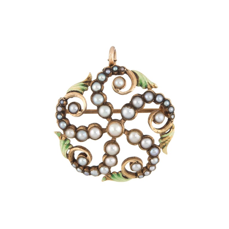 Antique Victorian Pendant Brooch Seed Pearl Enamel Leaves 14 Karat Gold Vintage For Sale