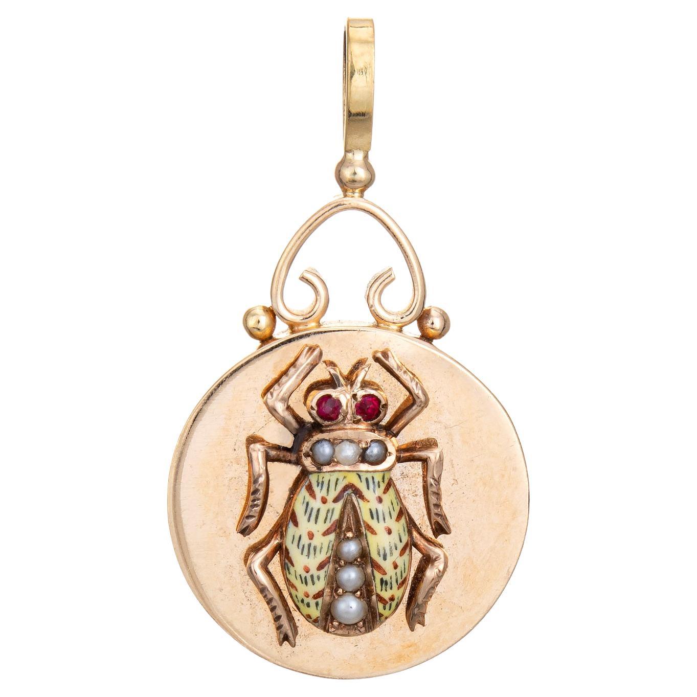 Antique Victorian Pendant Enamel Scarab Beetle 14k Yellow Gold Vintage Jewelry