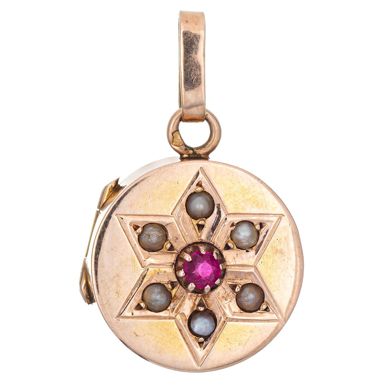 Antiguo Colgante Victoriano Relicario Perla Rubí Estrella Pequeño Amuleto Oro Rosa 14k