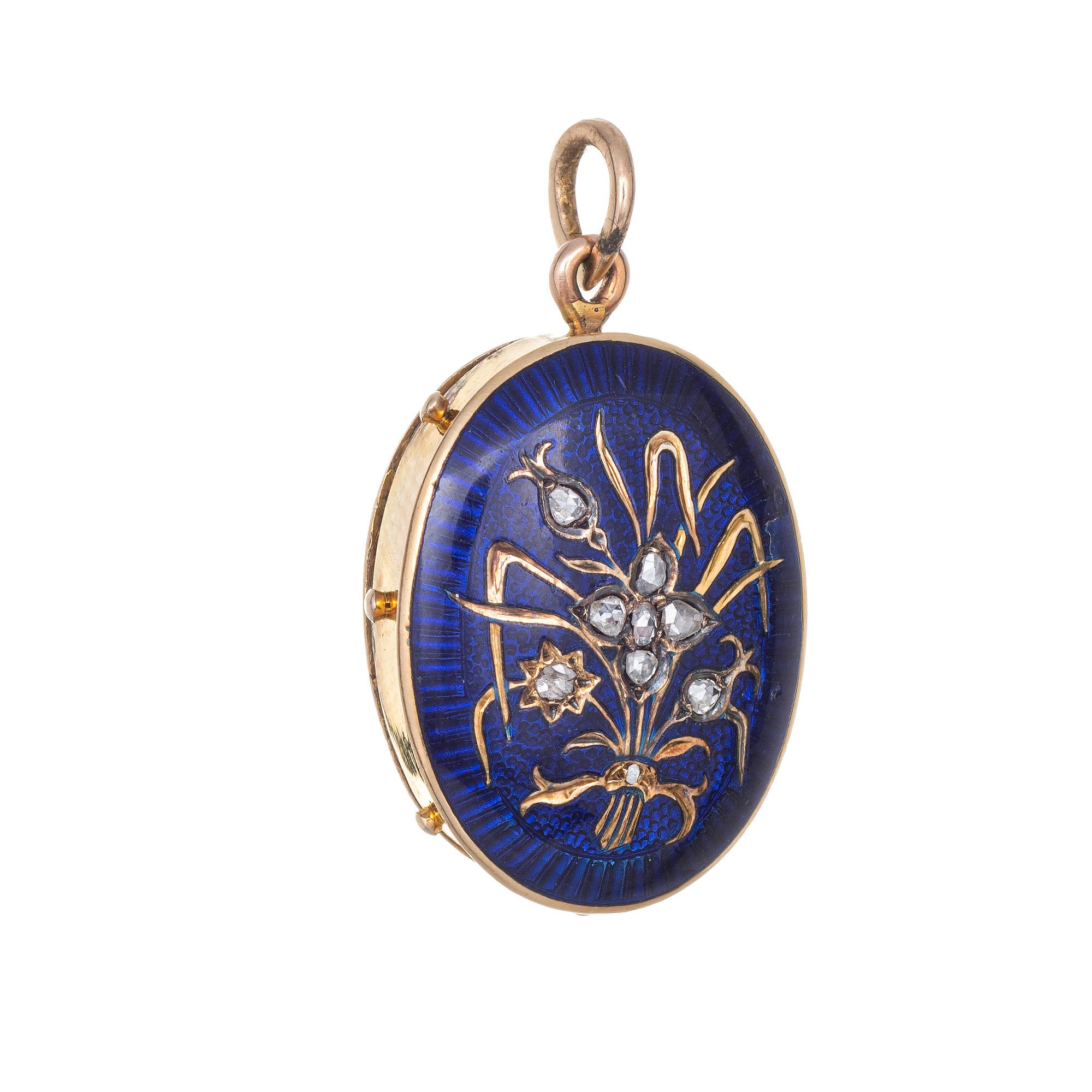 Finely detailed antique Victorian diamond & enamel locket/pendant (circa 1880s to 1900s) crafted in 14 karat yellow gold. 

Rose cut diamonds total an estimated 0.18 carats (estimated at J-K color and I1 clarity).  

The blue enamel locket features