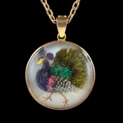 Victorian Pendant Necklace Feathered Peacock 9 Carat Gold Chain, circa 1880