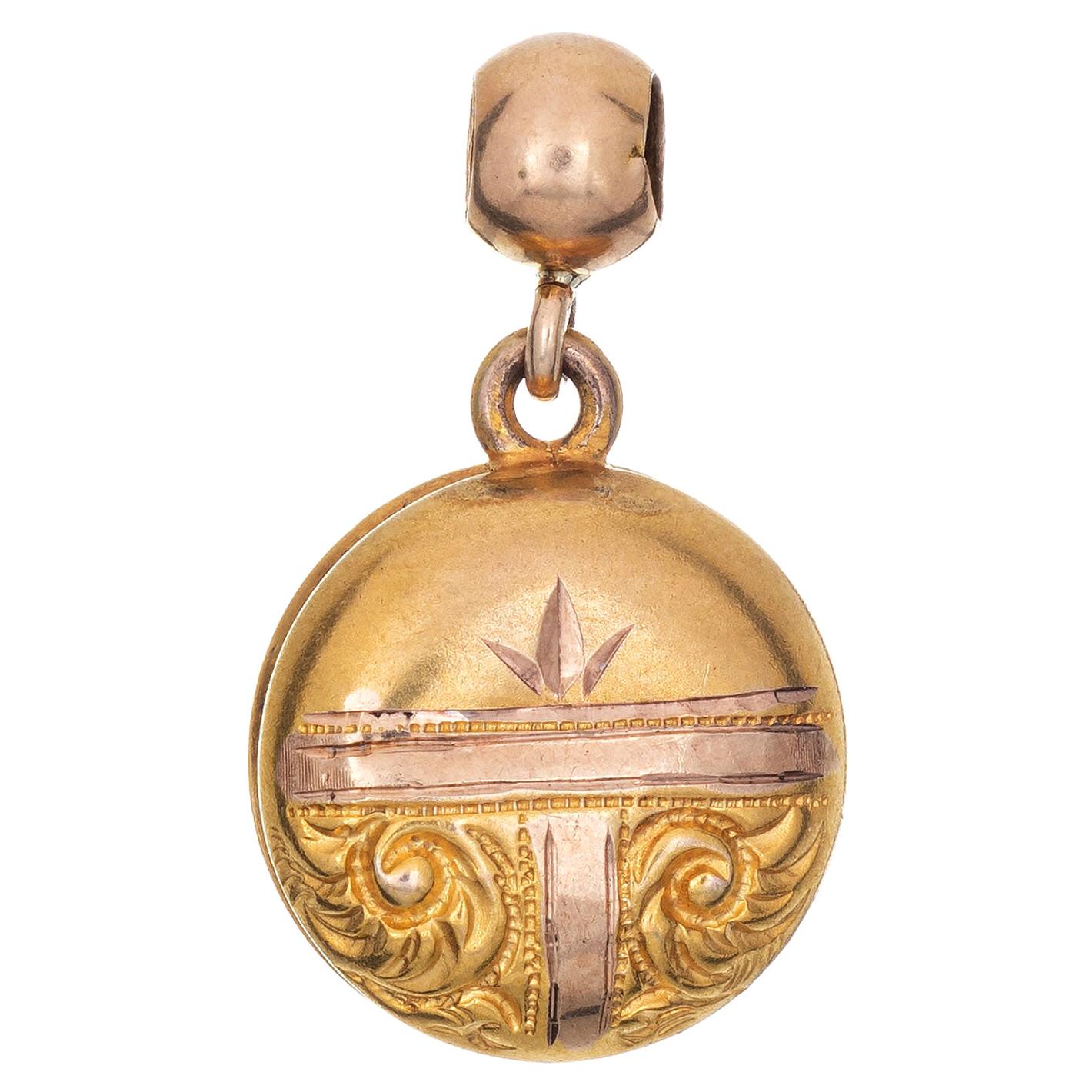 Antique Victorian Pendant Small Charm Vintage 10k Yellow Gold Hand Etched For Sale