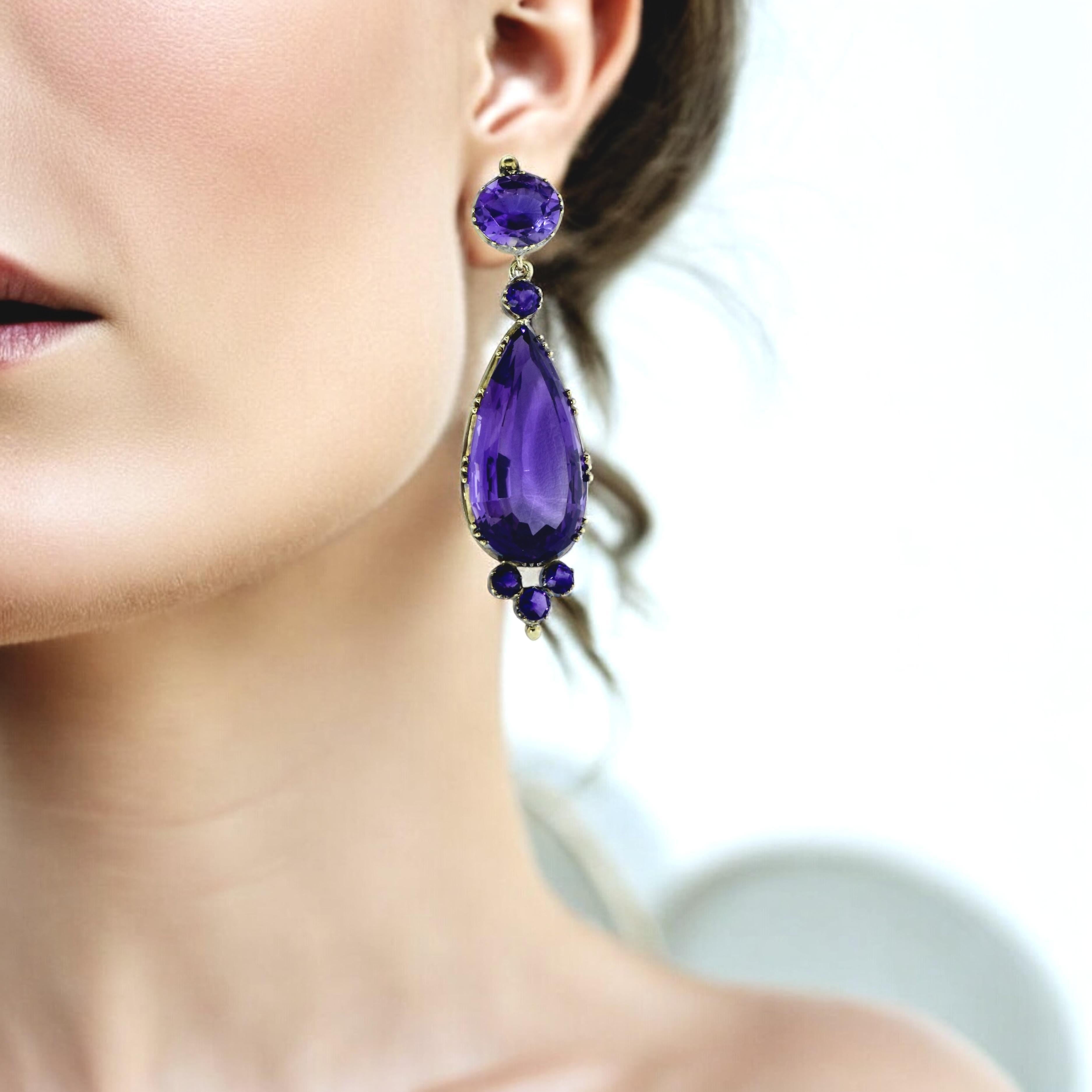 Pear Cut Antique Victorian Pendant Style Fine Amethyst and Yellow Gold Earrings, c. 1880.