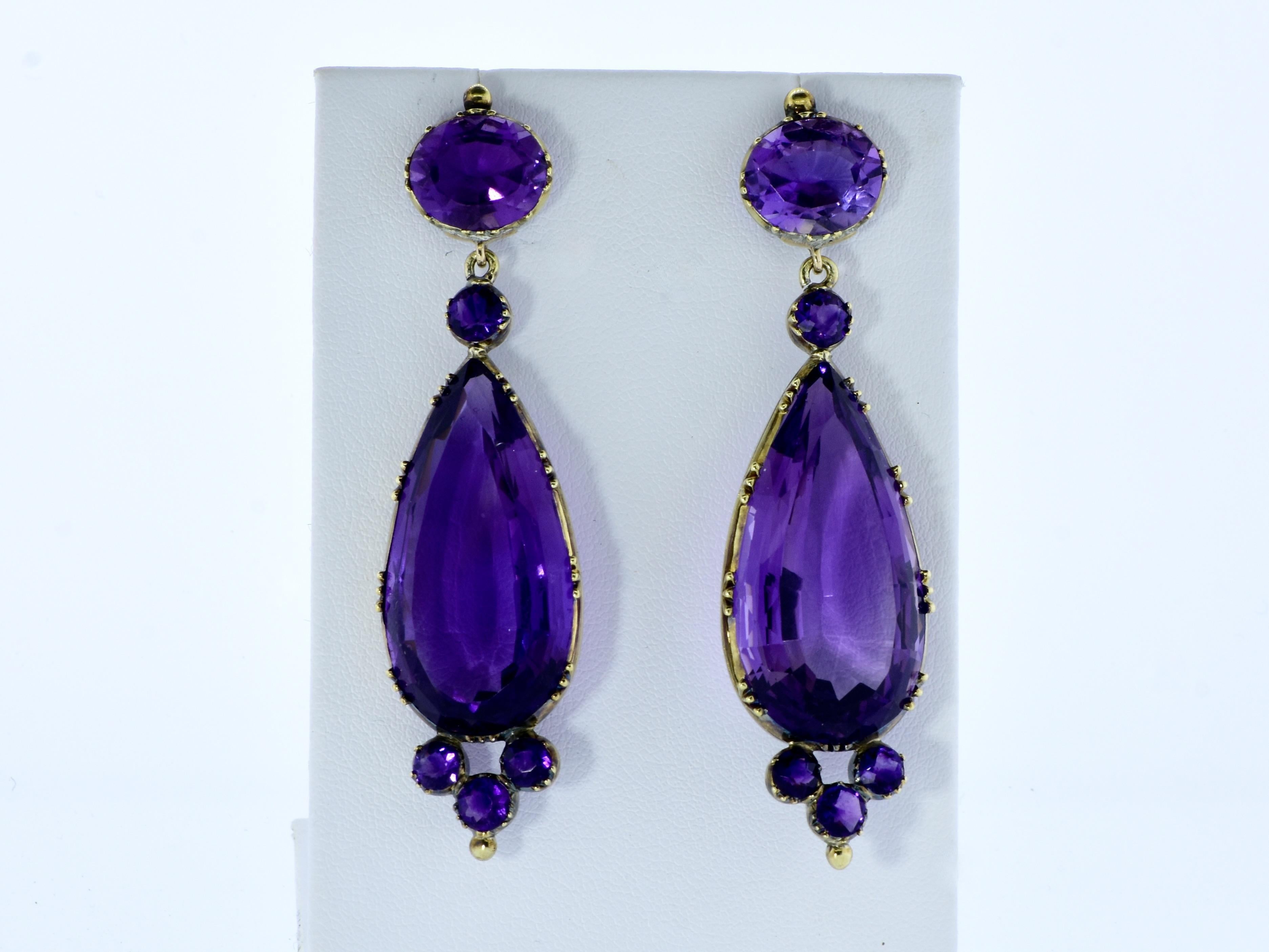 Women's or Men's Antique Victorian Pendant Style Fine Amethyst and Yellow Gold Earrings, c. 1880.