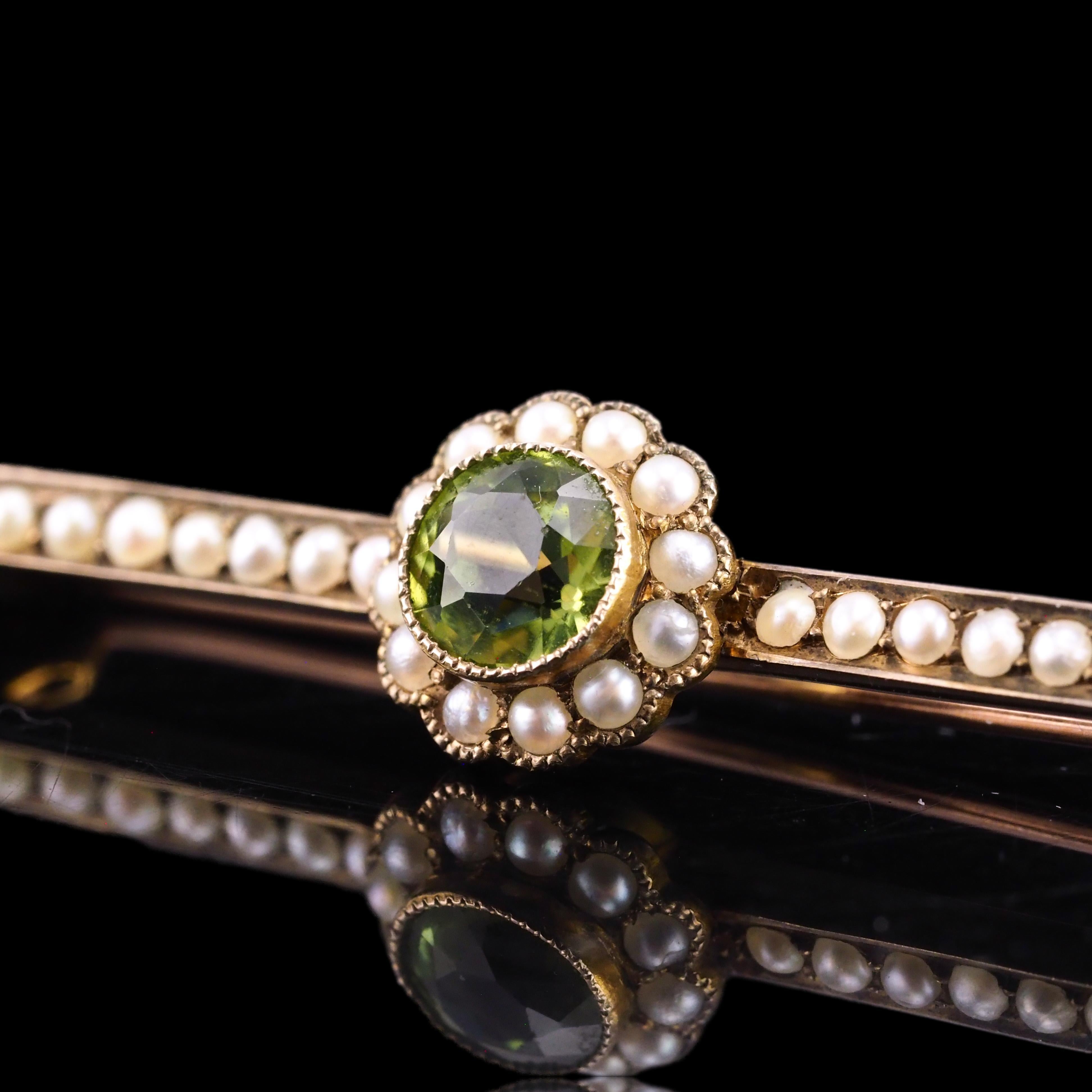 Antique Victorian Peridot and Seed Pearl Cluster Brooch 9K Gold - c.1900 For Sale 6