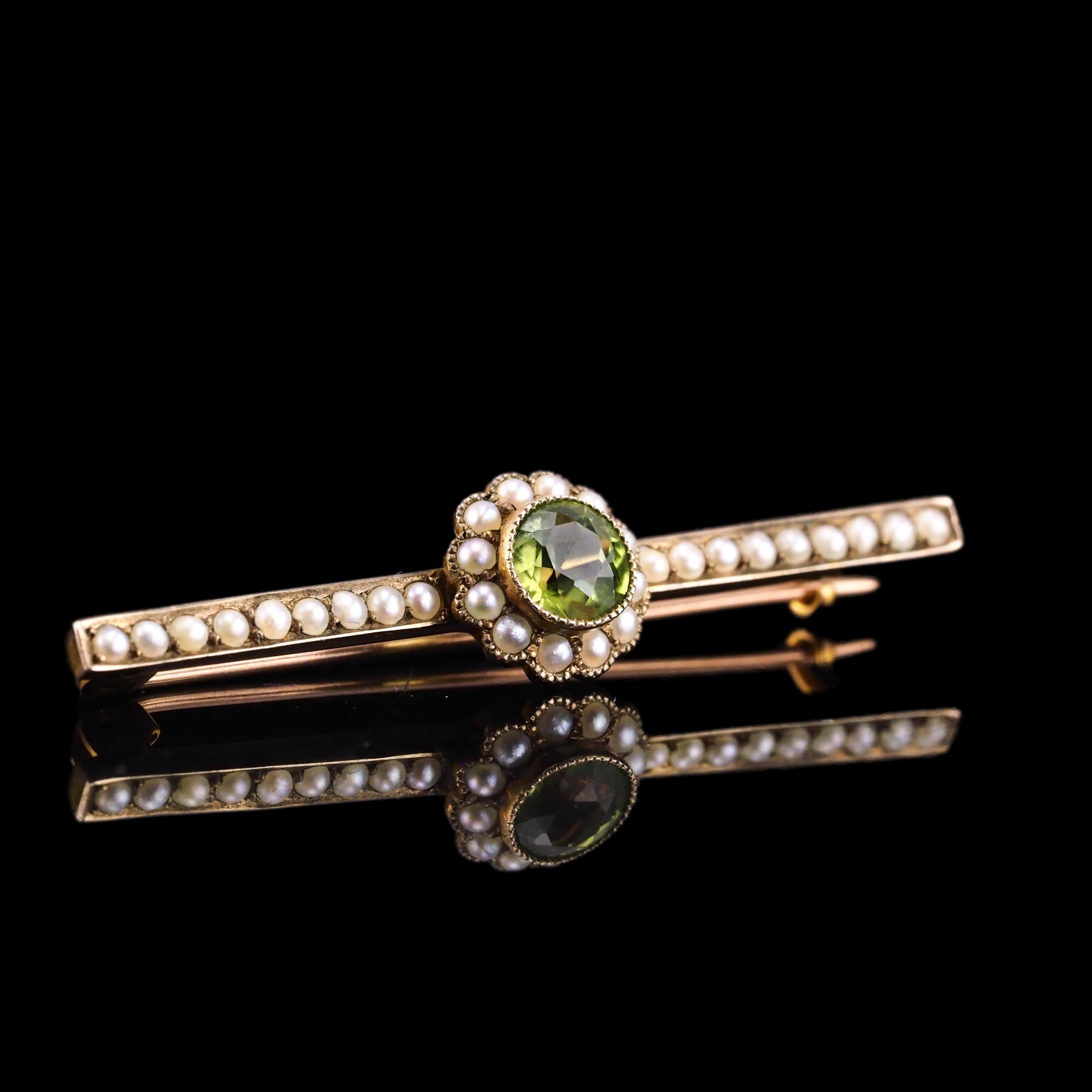 Antique Victorian Peridot and Seed Pearl Cluster Brooch 9K Gold - c.1900 For Sale 7