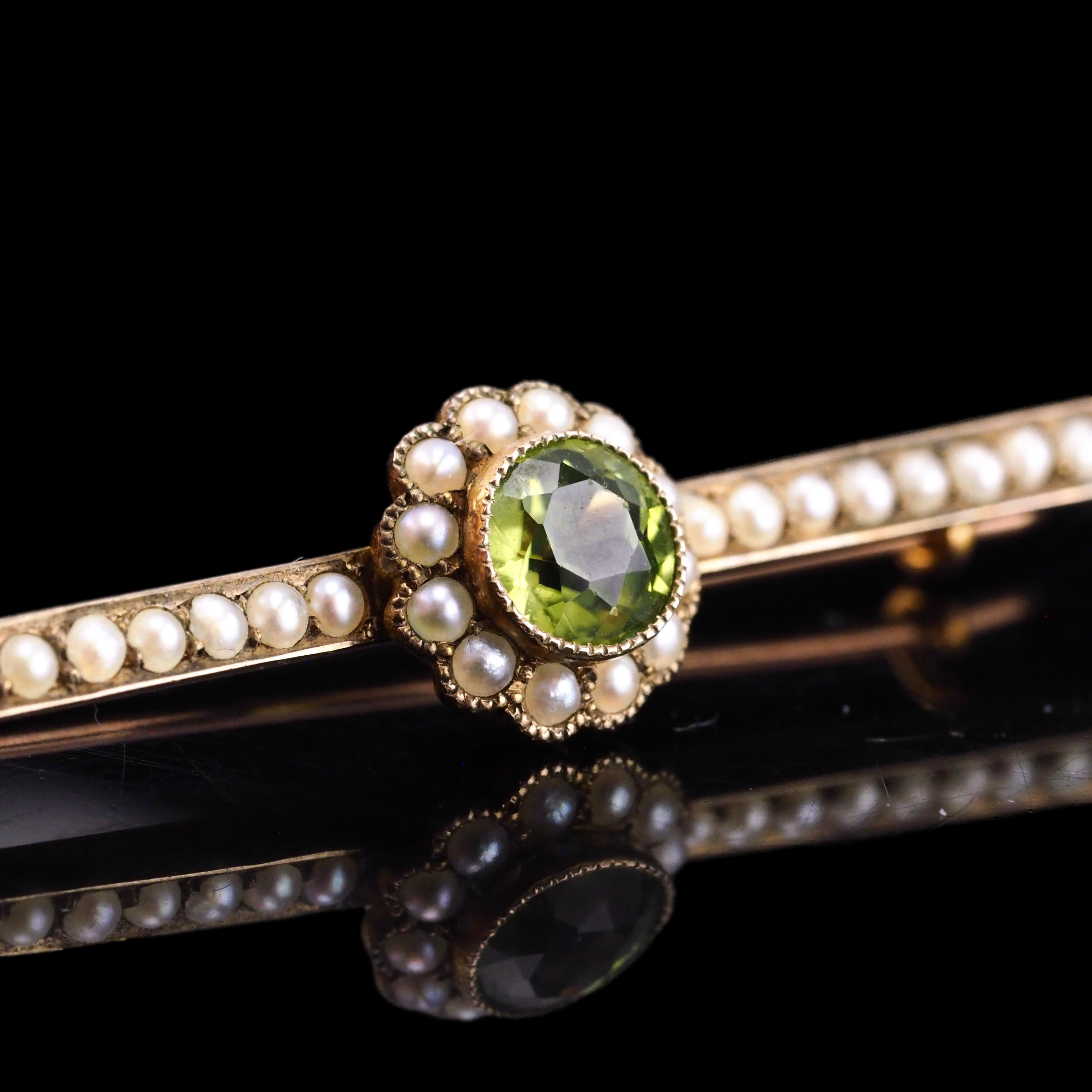 Round Cut Antique Victorian Peridot and Seed Pearl Cluster Brooch 9K Gold - c.1900 For Sale