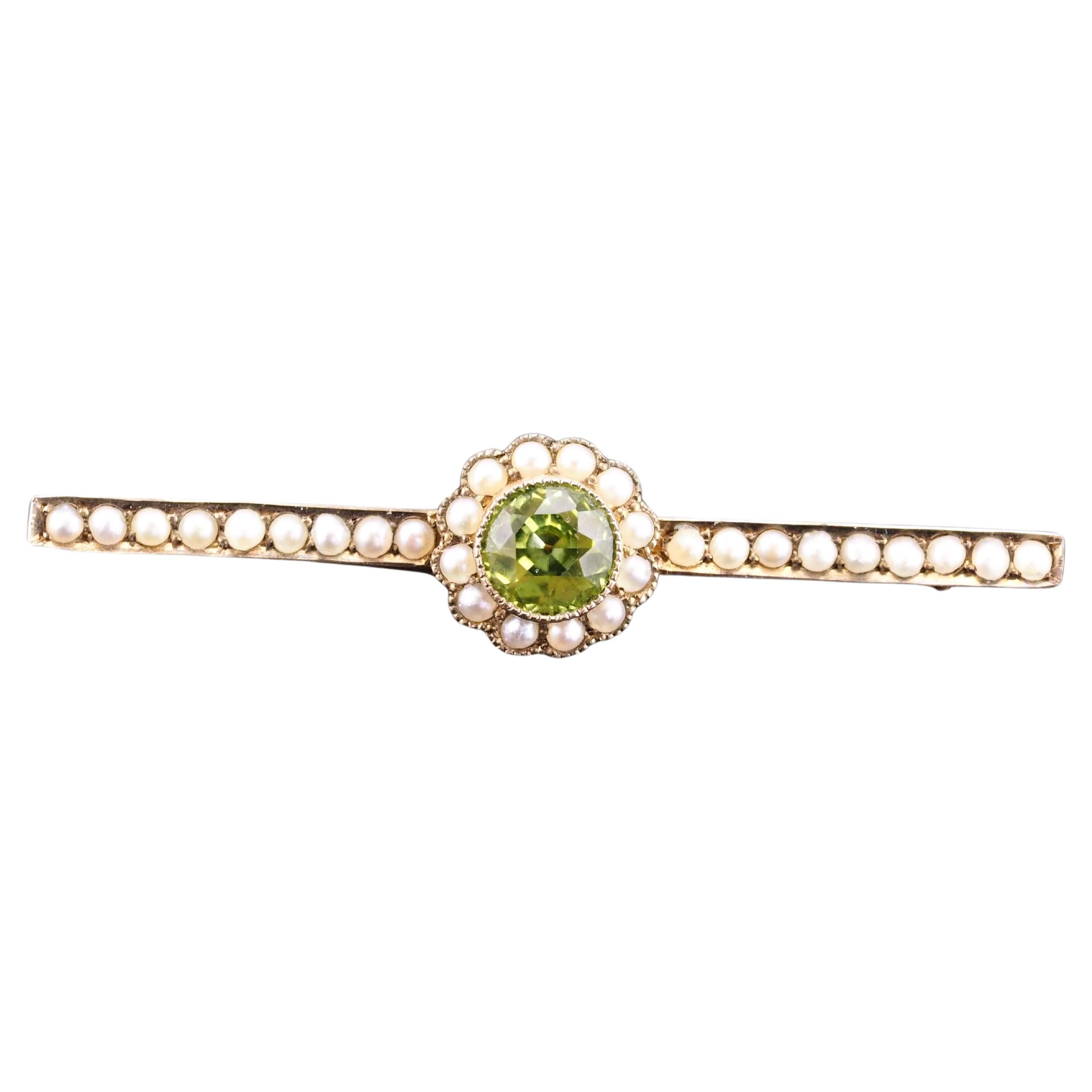 Antique Victorian Peridot and Seed Pearl Cluster Brooch 9K Gold - c.1900