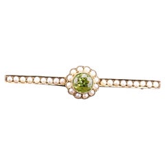 Antique Victorian Peridot and Seed Pearl Cluster Brooch 9K Gold - c.1900
