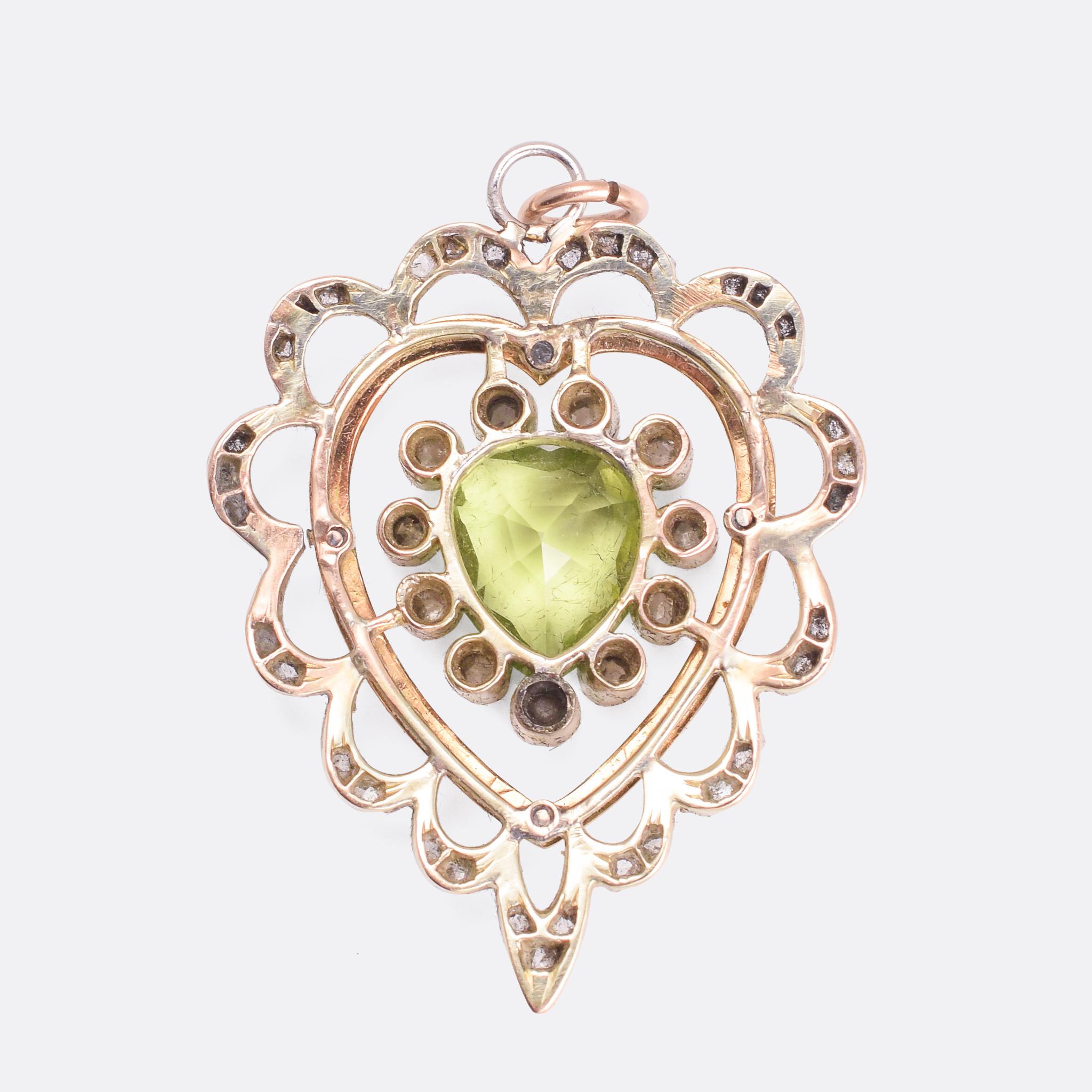 Antique Victorian Peridot Diamond Enamel Heart Pendant Necklace In Excellent Condition In Sale, Cheshire