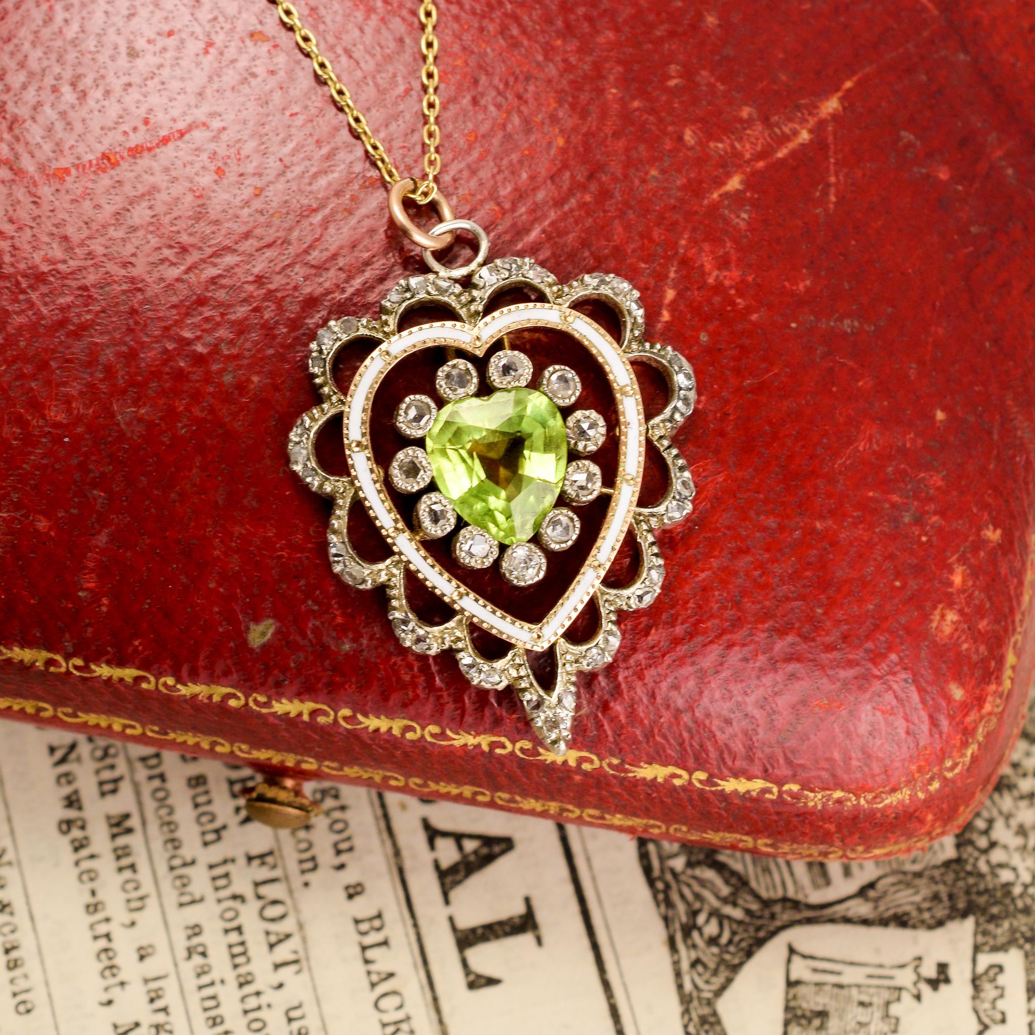 Women's Antique Victorian Peridot Diamond Enamel Heart Pendant Necklace