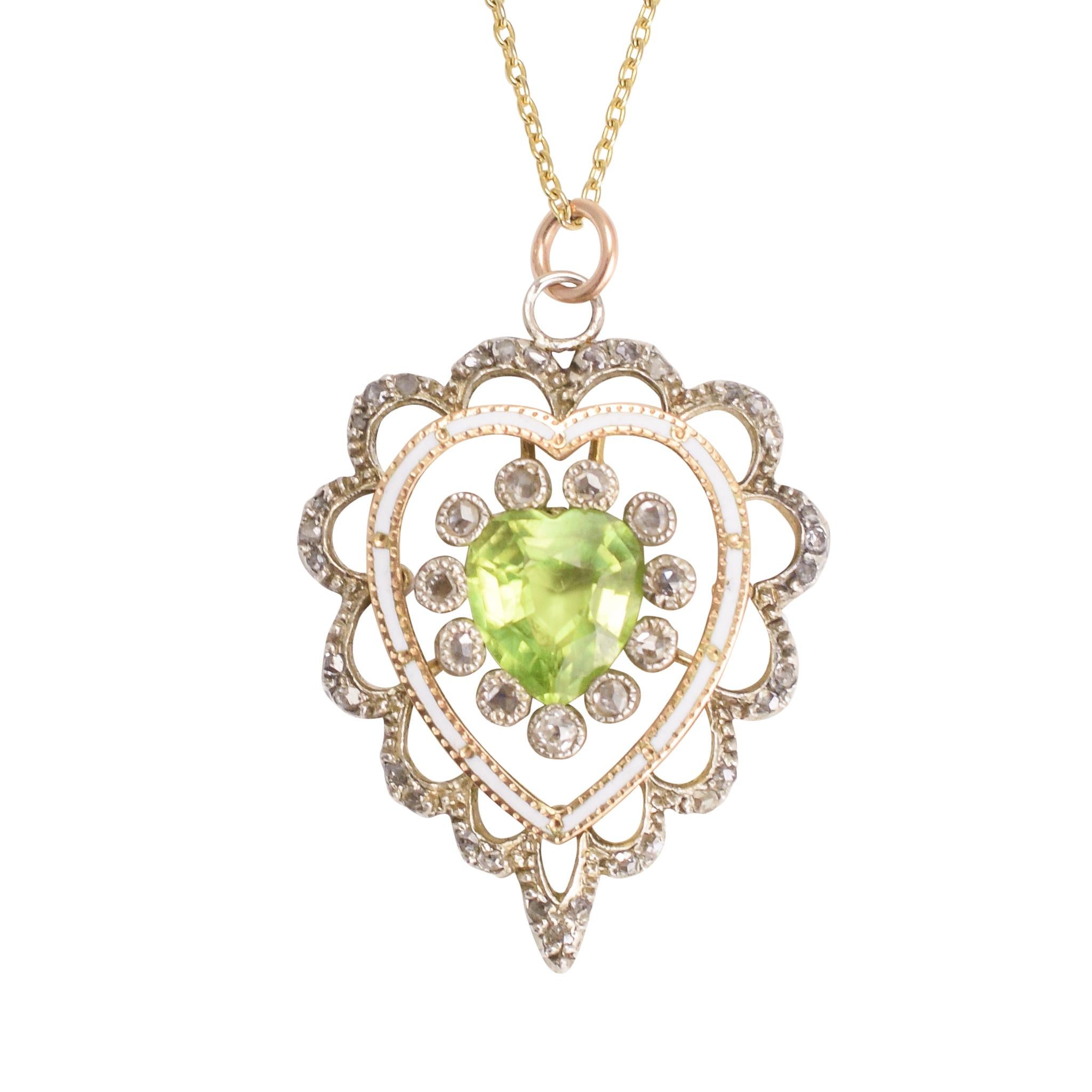 Antique Victorian Peridot Diamond Enamel Heart Pendant Necklace