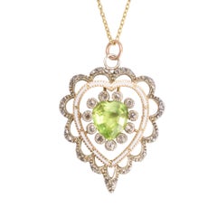 Antique Victorian Peridot Diamond Enamel Heart Pendant Necklace