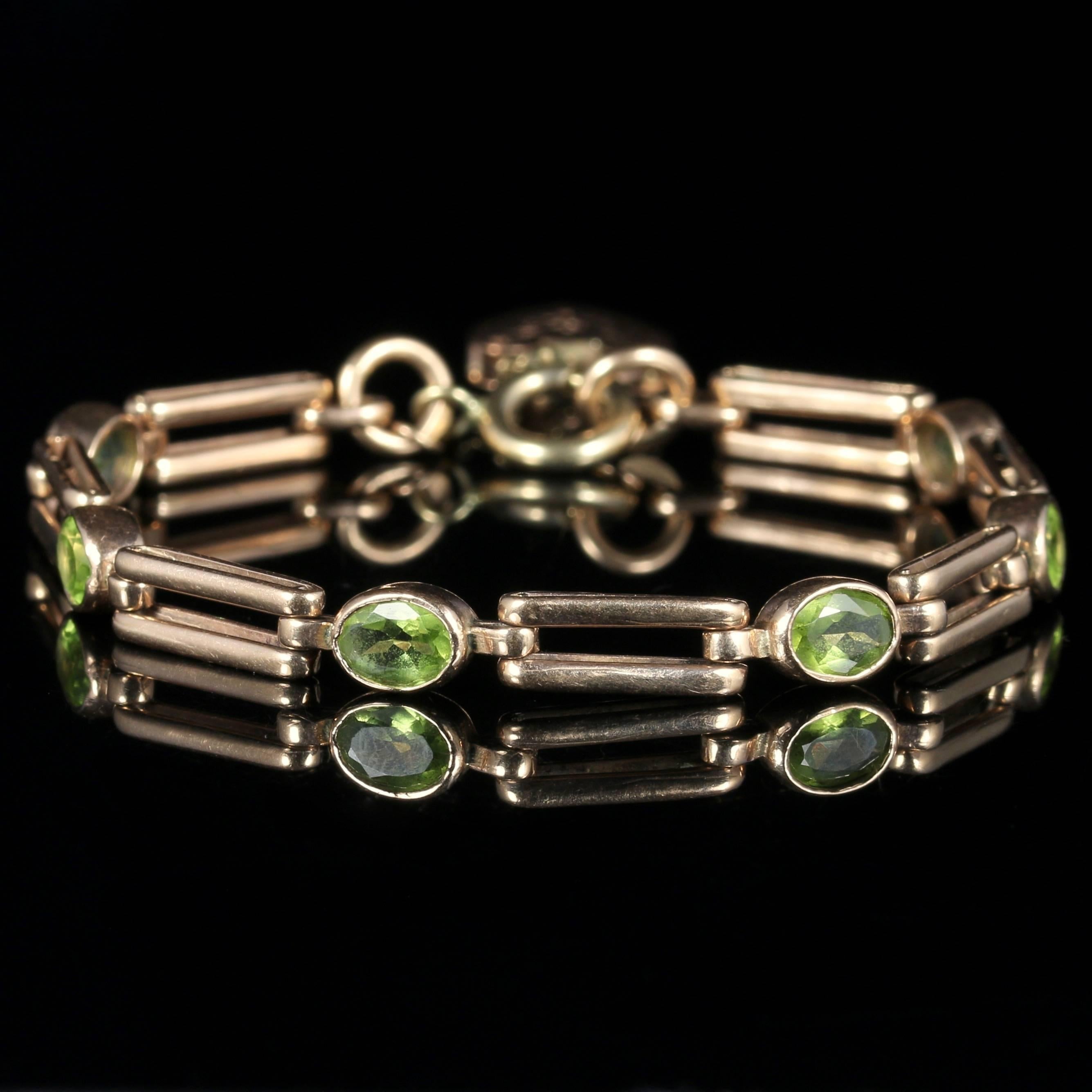 For more details please click continue reading down below...

This fabulous Antique Victorian gate bracelet is made in Rose Gold set with beautiful workmanship all round.

Circa 1900

Adorned with 6 rich green Peridots that sit all the way round