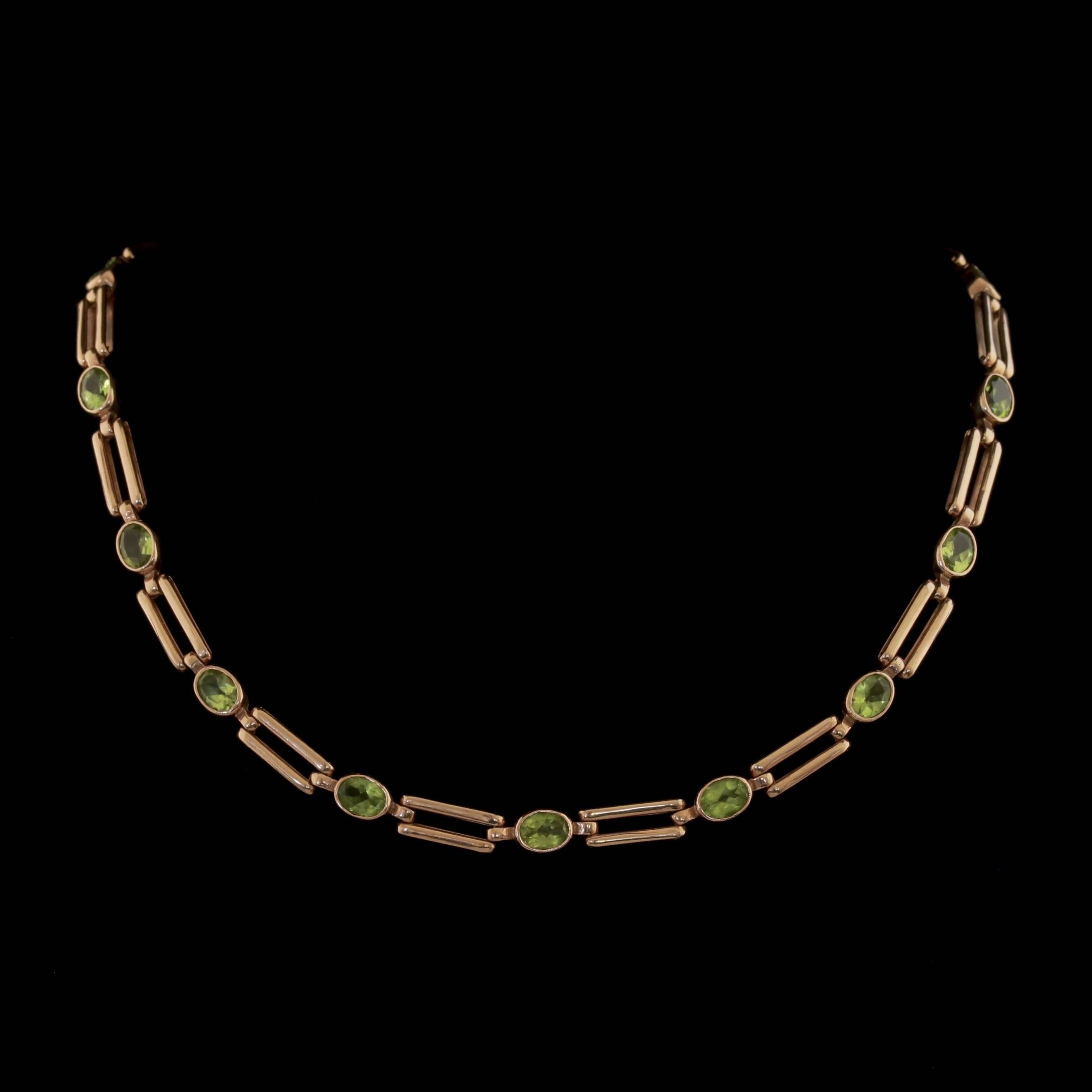 To read more please click continue reading below-

This magnificent antique 9ct Rose Gold Peridot necklace is Victorian Circa 1890. 

The lovely necklace is adorned with fabulous, rich green Peridot’s which cascade down the piece. 

The Peridot is a