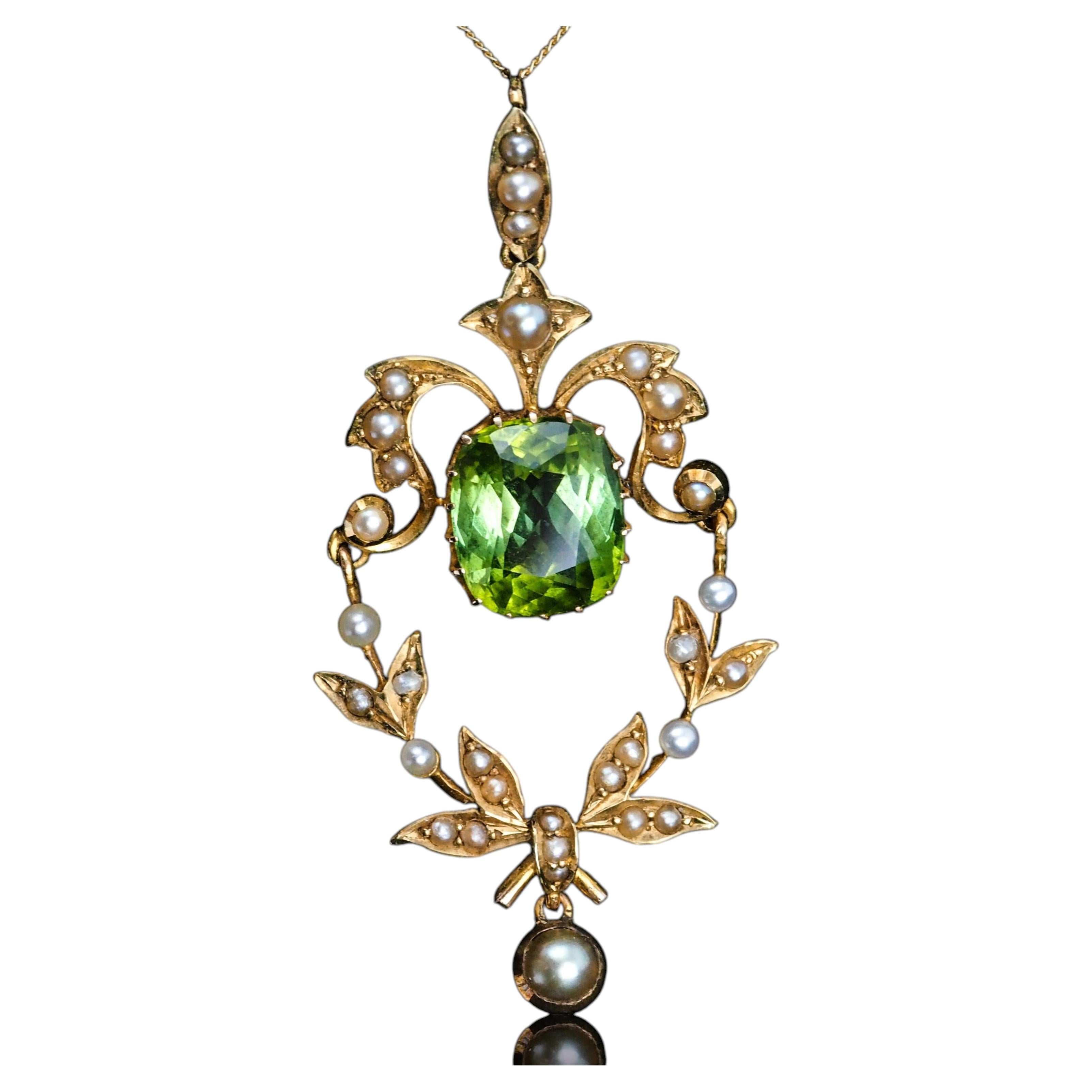Antique Victorian Peridot Pendant Necklace, Pearls 14K Gold Original Box c.1890