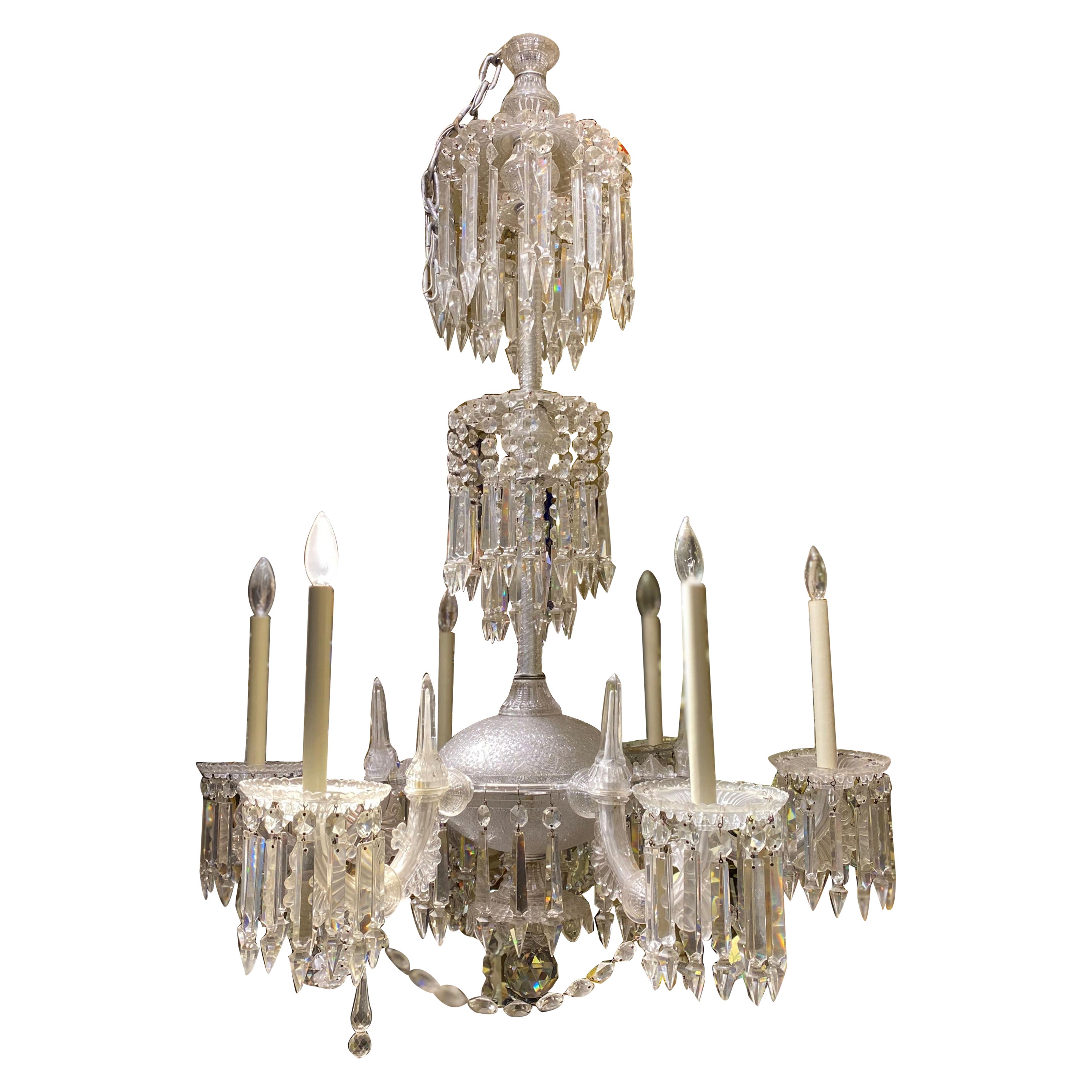 Antico lampadario a 6 luci in vetro modellato e cristallo tagliato di epoca vittoriana in vendita