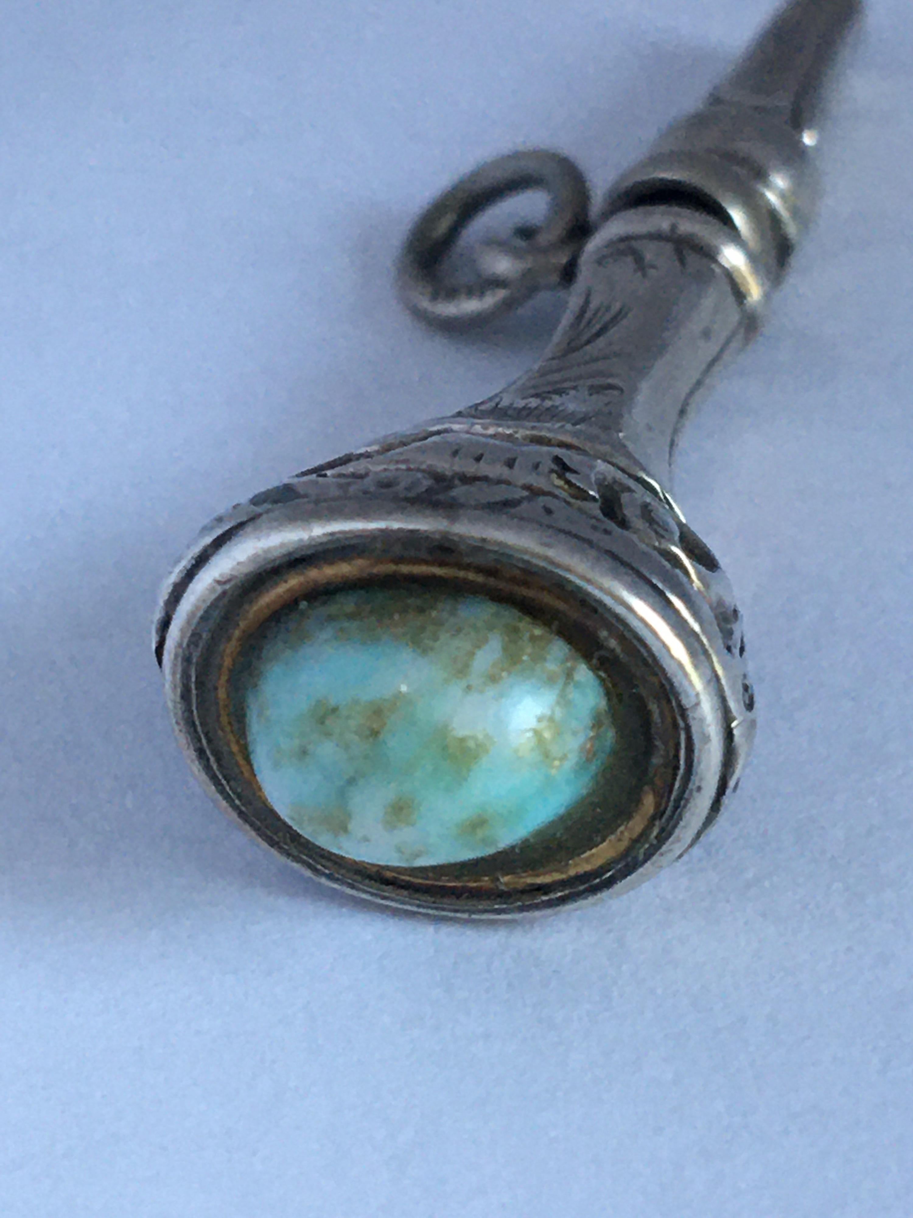 Women's or Men's Antique Victorian Period Silver Turquoise Watch Key / Fob Pendant For Sale