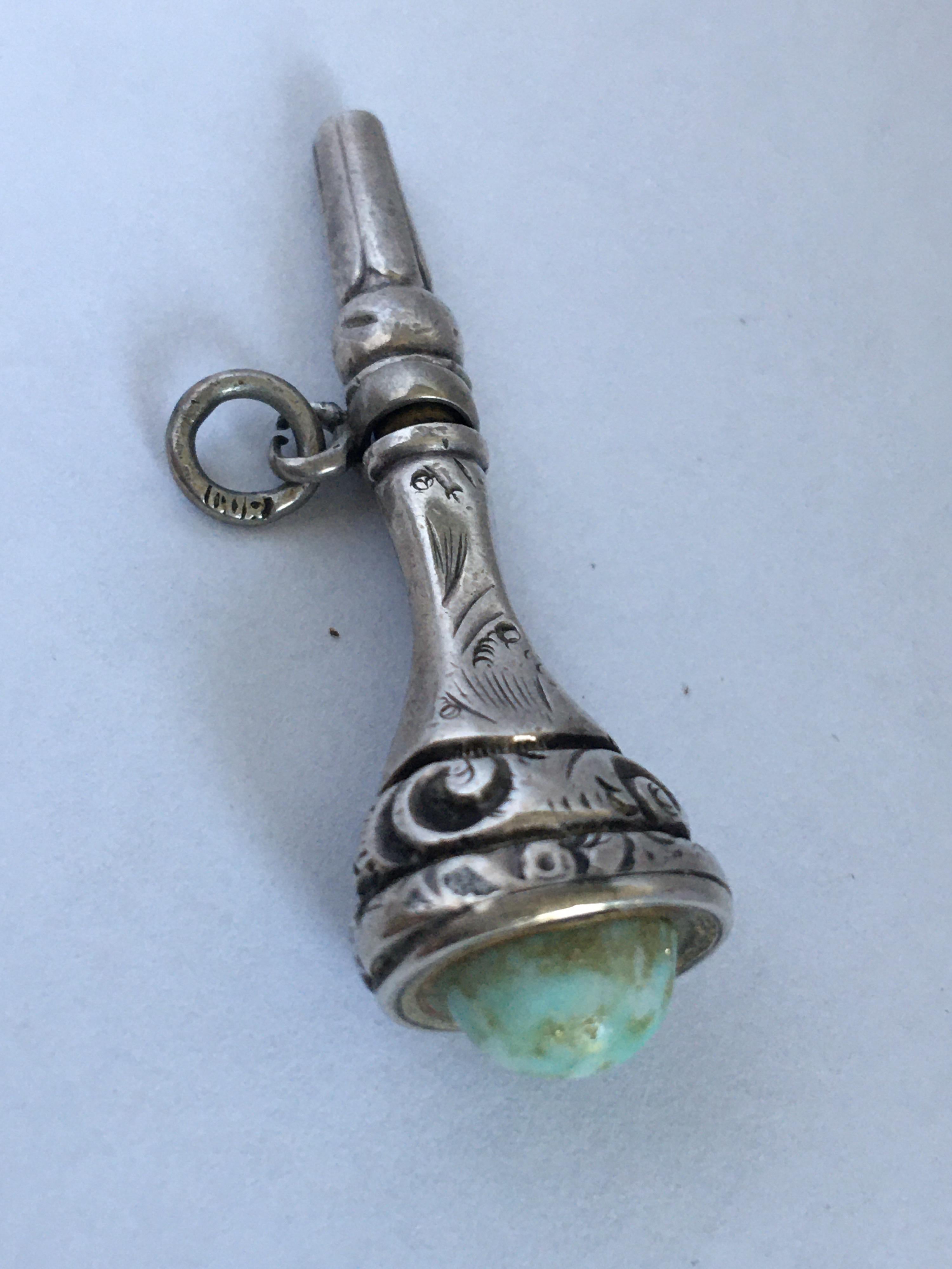 Antique Victorian Period Silver Turquoise Watch Key / Fob Pendant For Sale 2