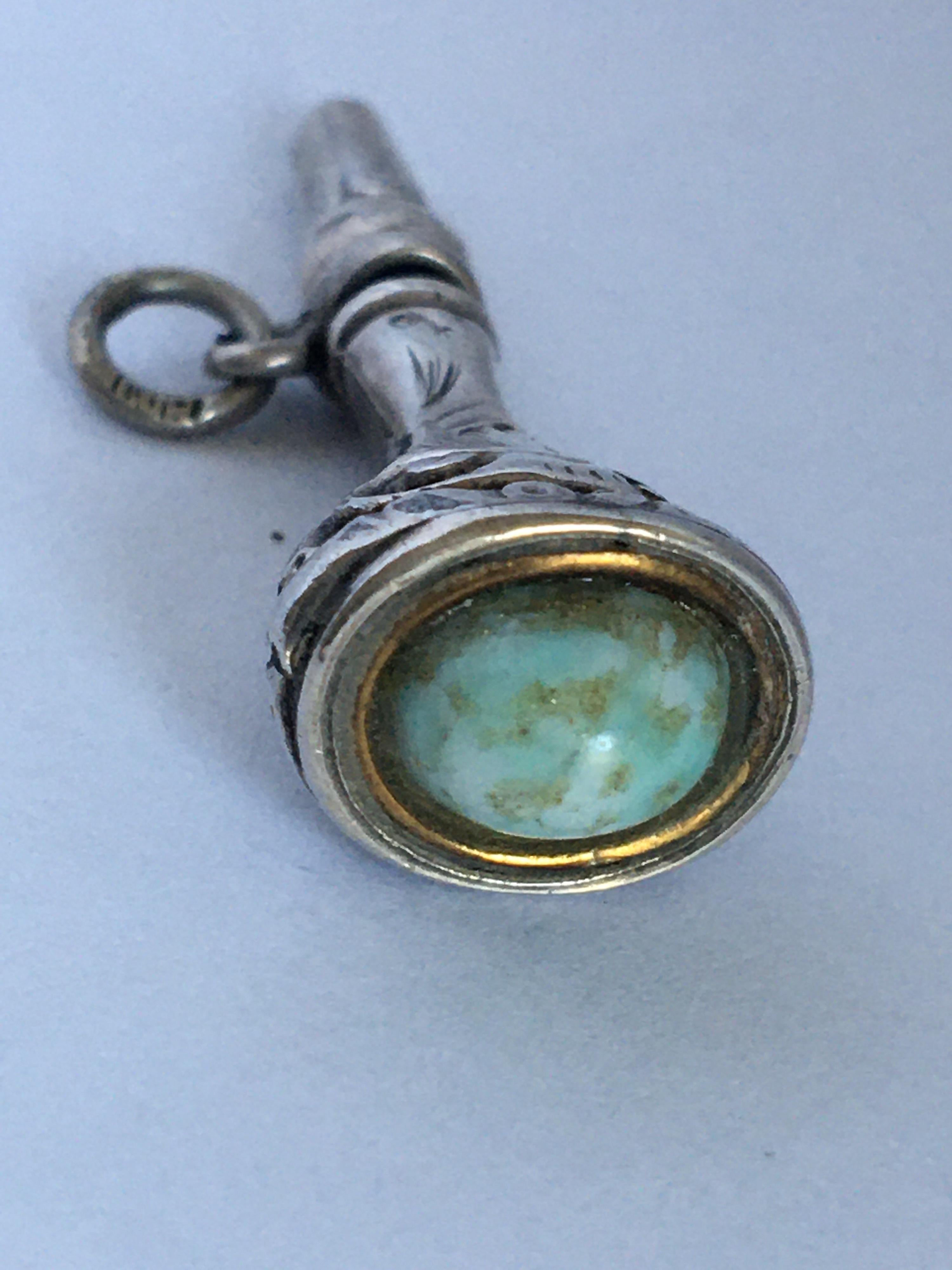Antique Victorian Period Silver Turquoise Watch Key / Fob Pendant For Sale 3