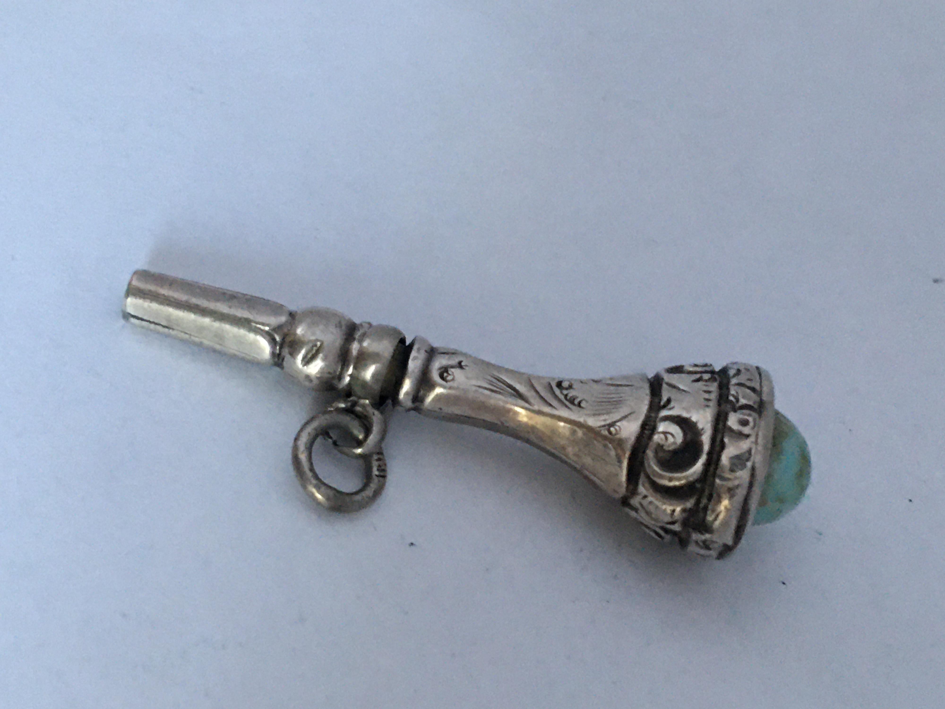 Antique Victorian Period Silver Turquoise Watch Key / Fob Pendant For Sale 4