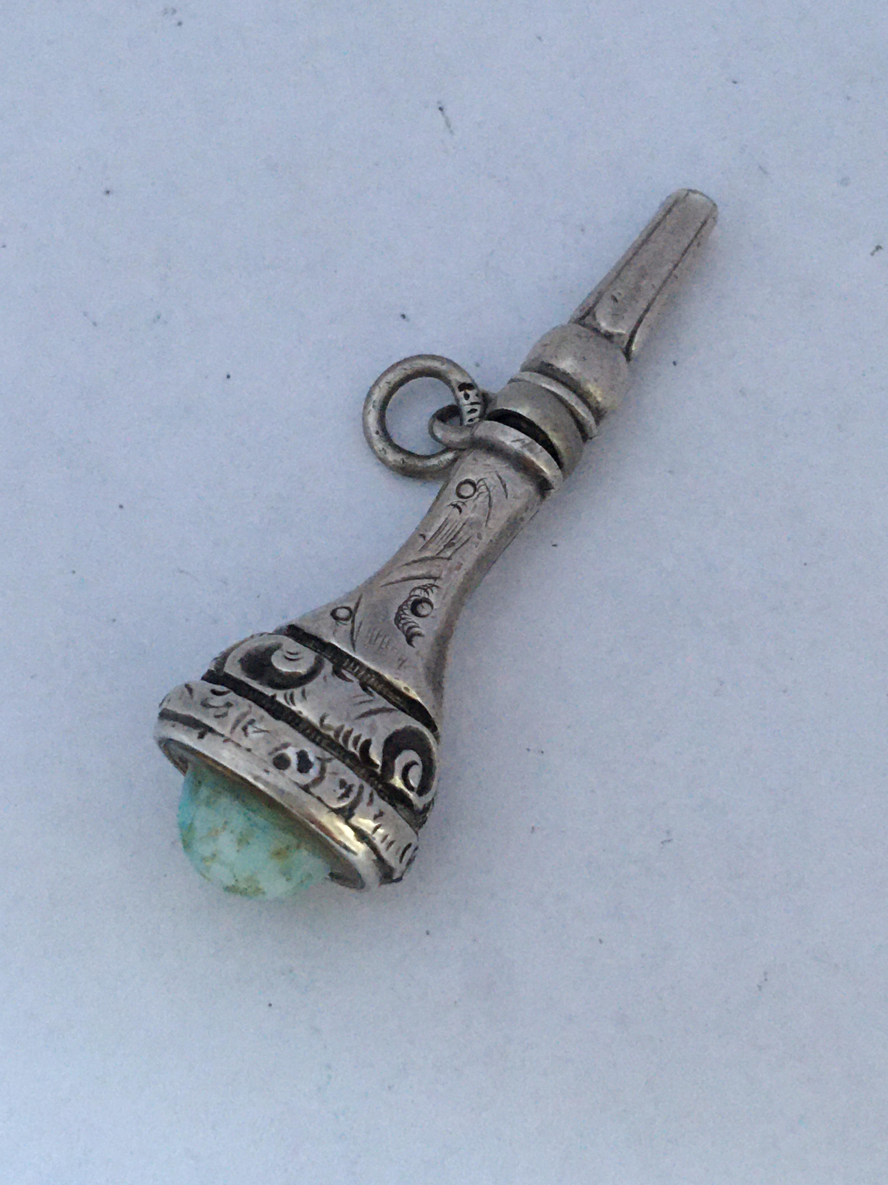 Antique Victorian Period Silver Turquoise Watch Key / Fob Pendant For Sale 5