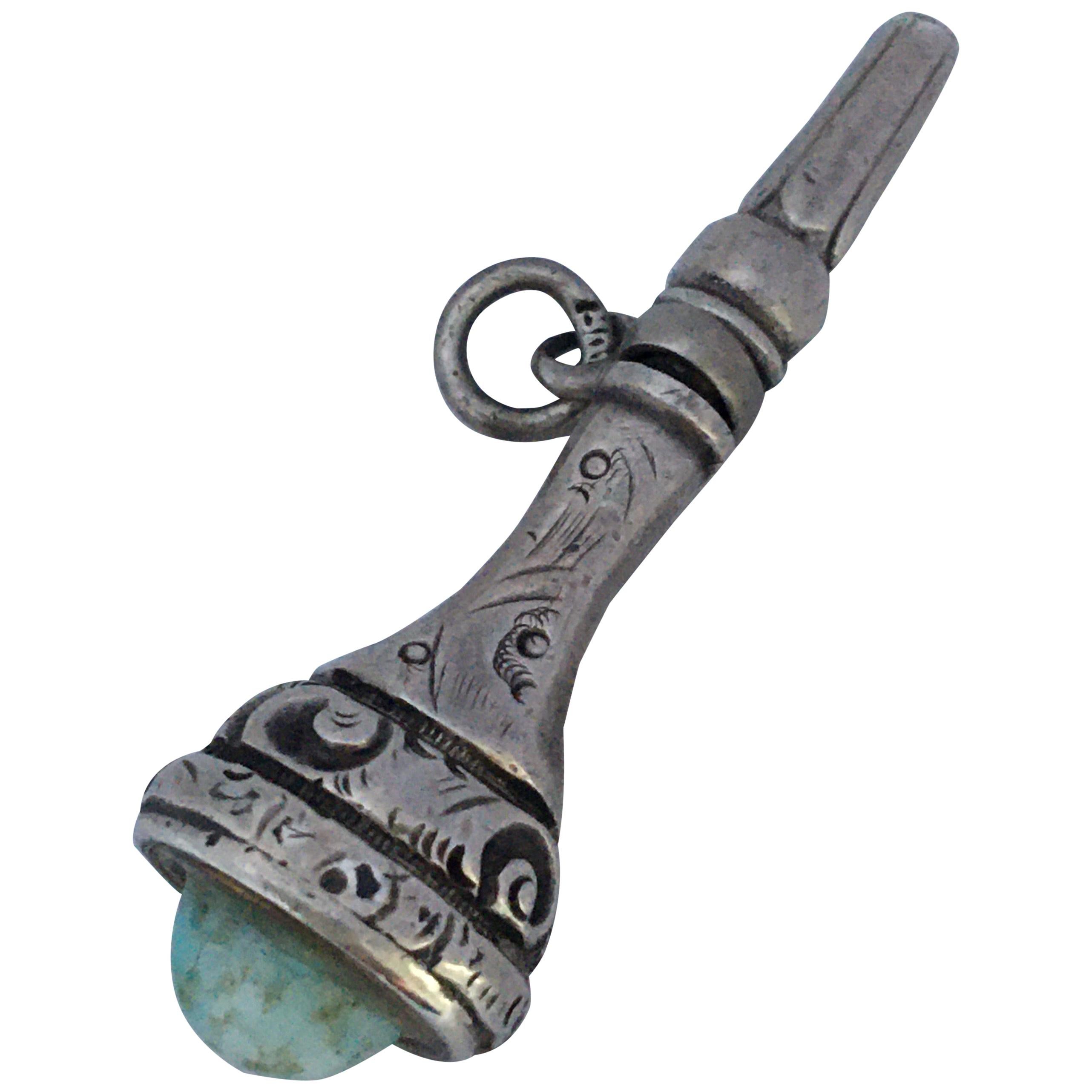 Antique Victorian Period Silver Turquoise Watch Key / Fob Pendant For Sale