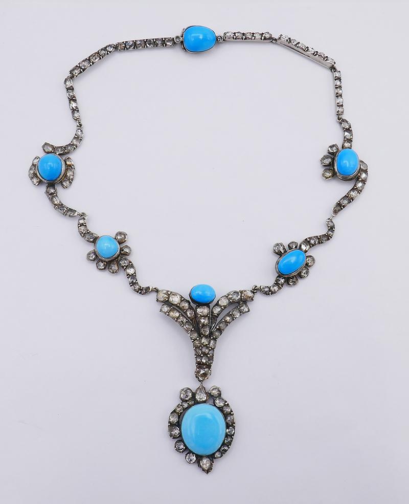 Antique Victorian Persian Turquoise Necklace Earrings Set Diamond Silver In Good Condition For Sale In Beverly Hills, CA