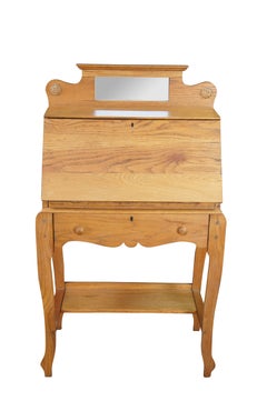 Antique Victorian Petite Oak Mirrored Slant Top Secretary Ladies Writing Desk