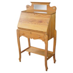 Antique Victorian Petite Oak Mirrored Slant Top Secretary Ladies Writing Desk